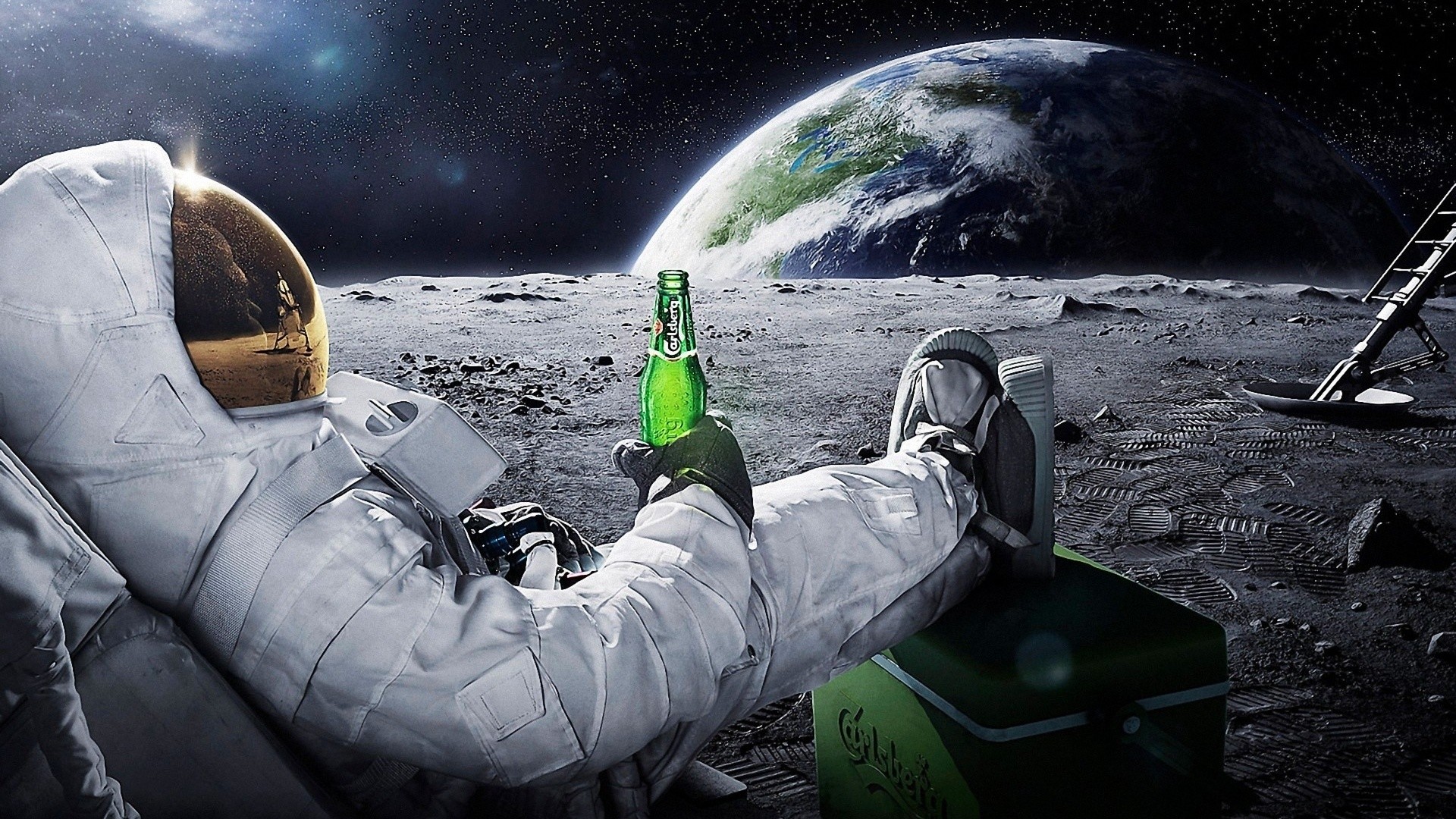 Astronauta, Luna, Birra, Terra, Fotomanipolazione, Full HD, sfondo per portatile