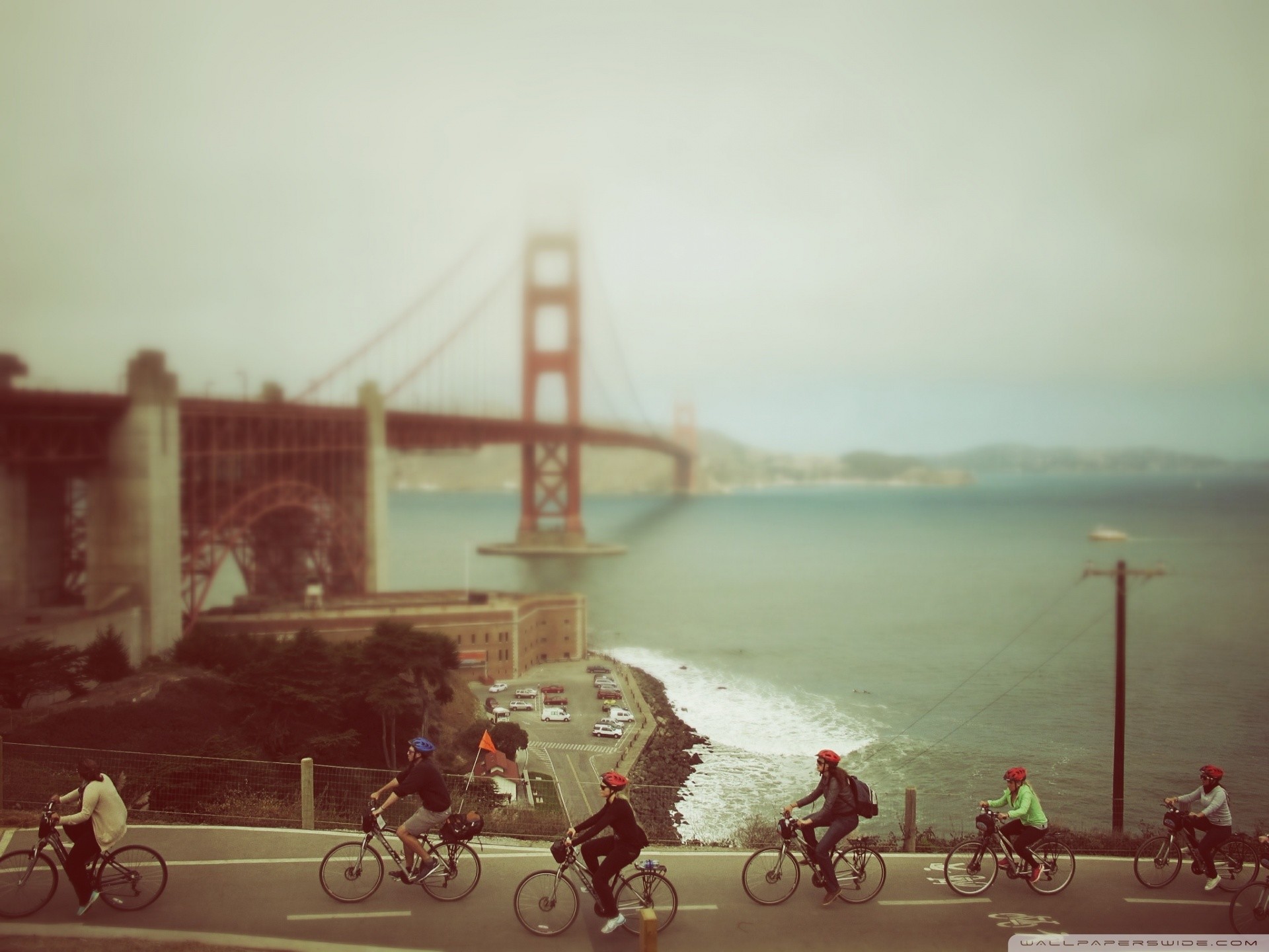 Golden Gate Bridge, San Francisco, Ciclisti, Nebbia, sfondo per iPad e tablet