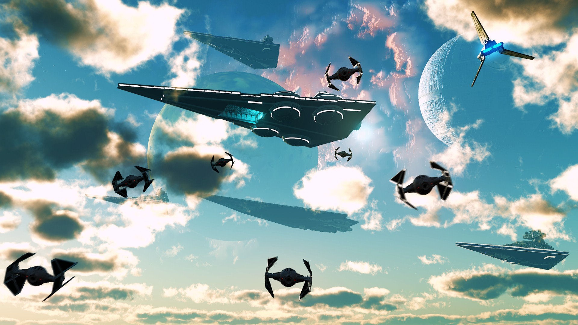 Star Destroyer, TIE fighter, Cielo, Arte digitale, 1920x1080, sfondo per PC