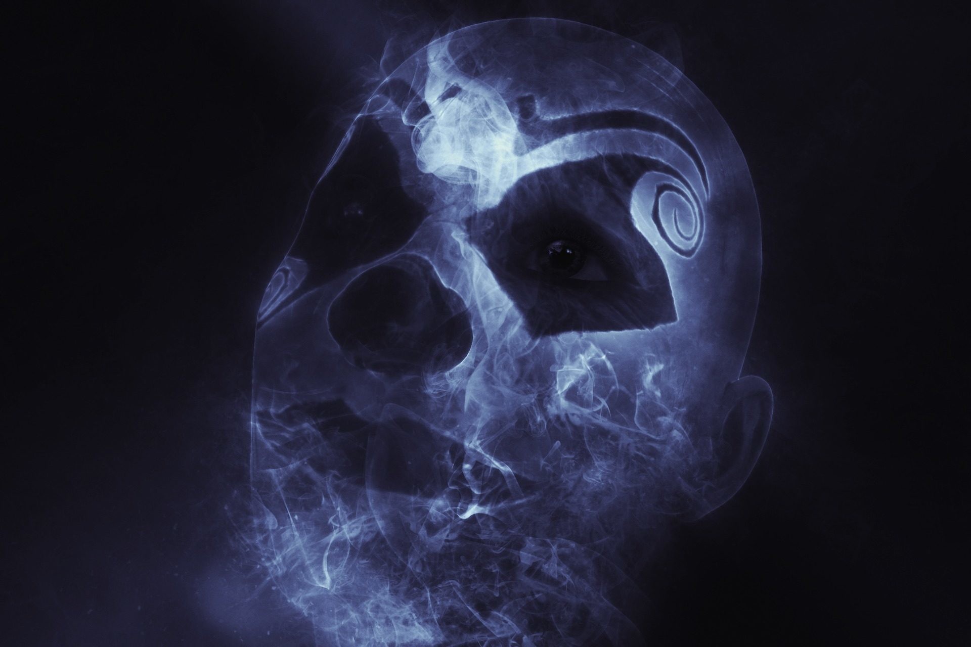 Teschio, Fumo, Blu, Sfondo scuro, Full HD, wallpaper per portatile