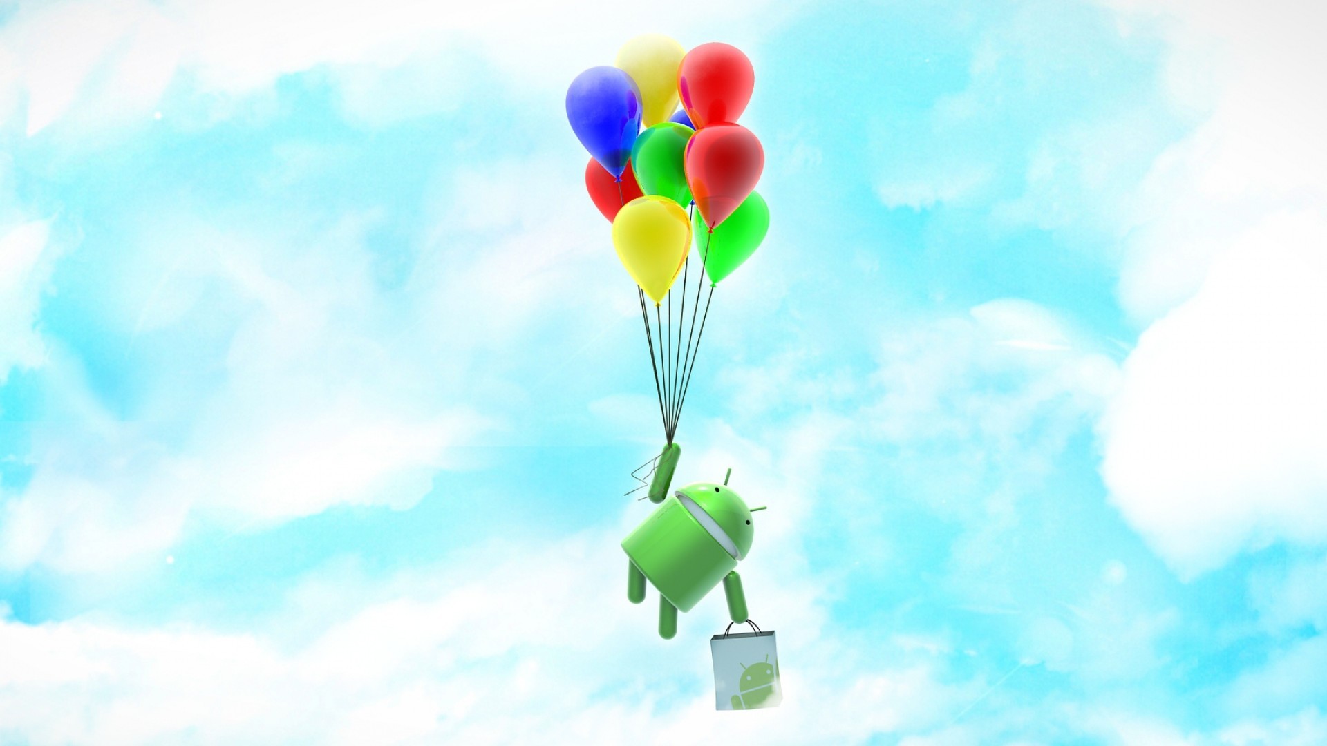 Android, Robot, Palloncini colorati, Nuvole, 16:9 Full HD, sfondo widescreen