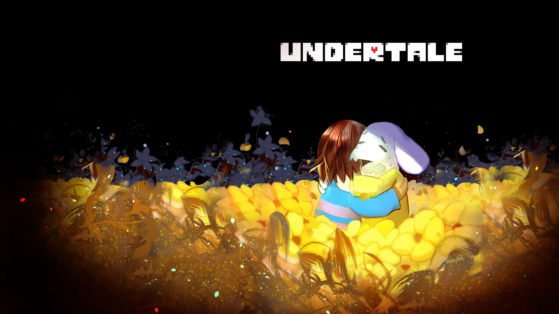 Frisk, Asriel Dreemurr, Undertale, Fiori dorati, Abbraccio, 1920x1080, sfondo per PC