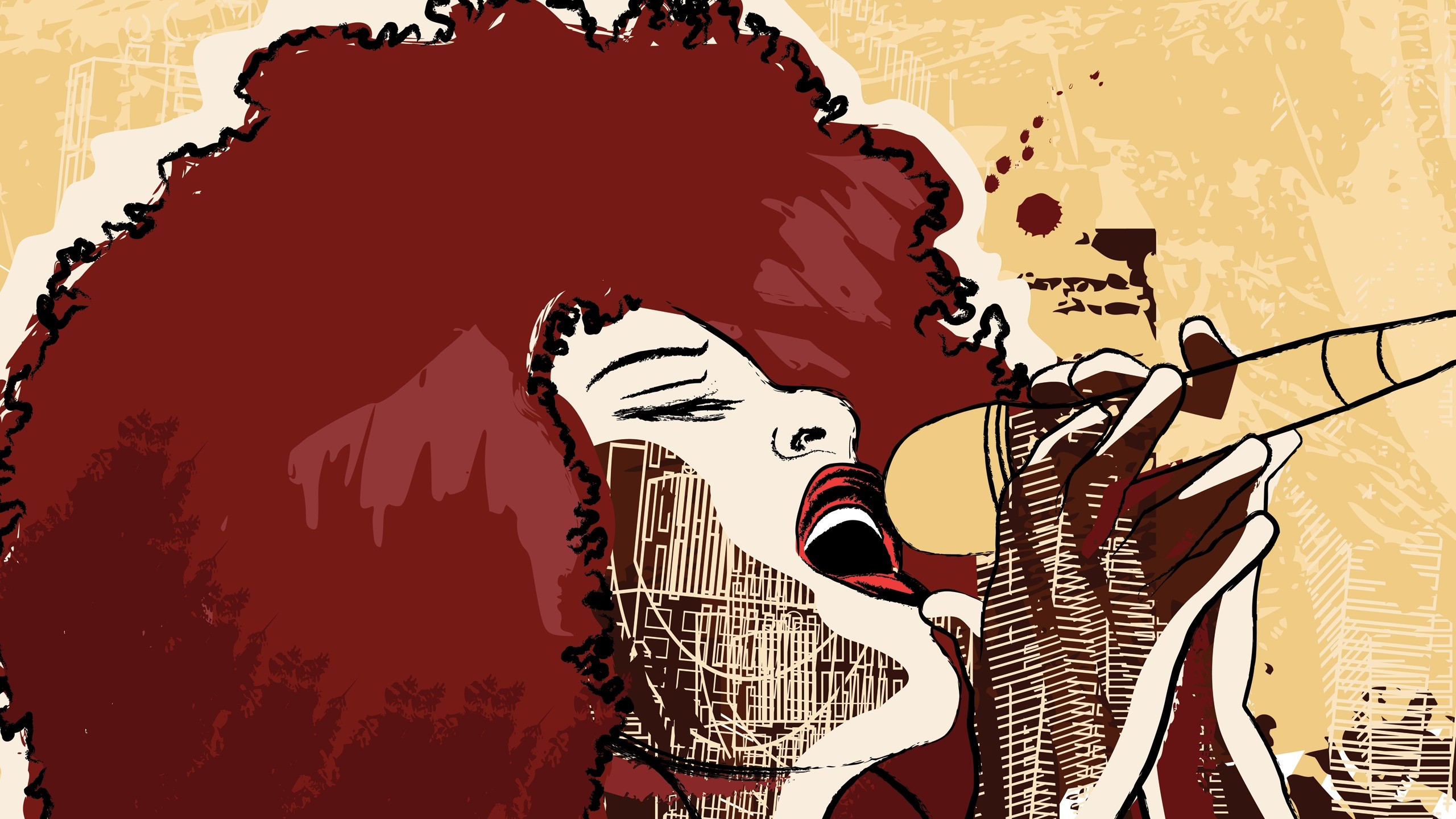 Cantante, Microfono, Illustrazione, Afro, Rosso, 2K, sfondo per PC e portatile