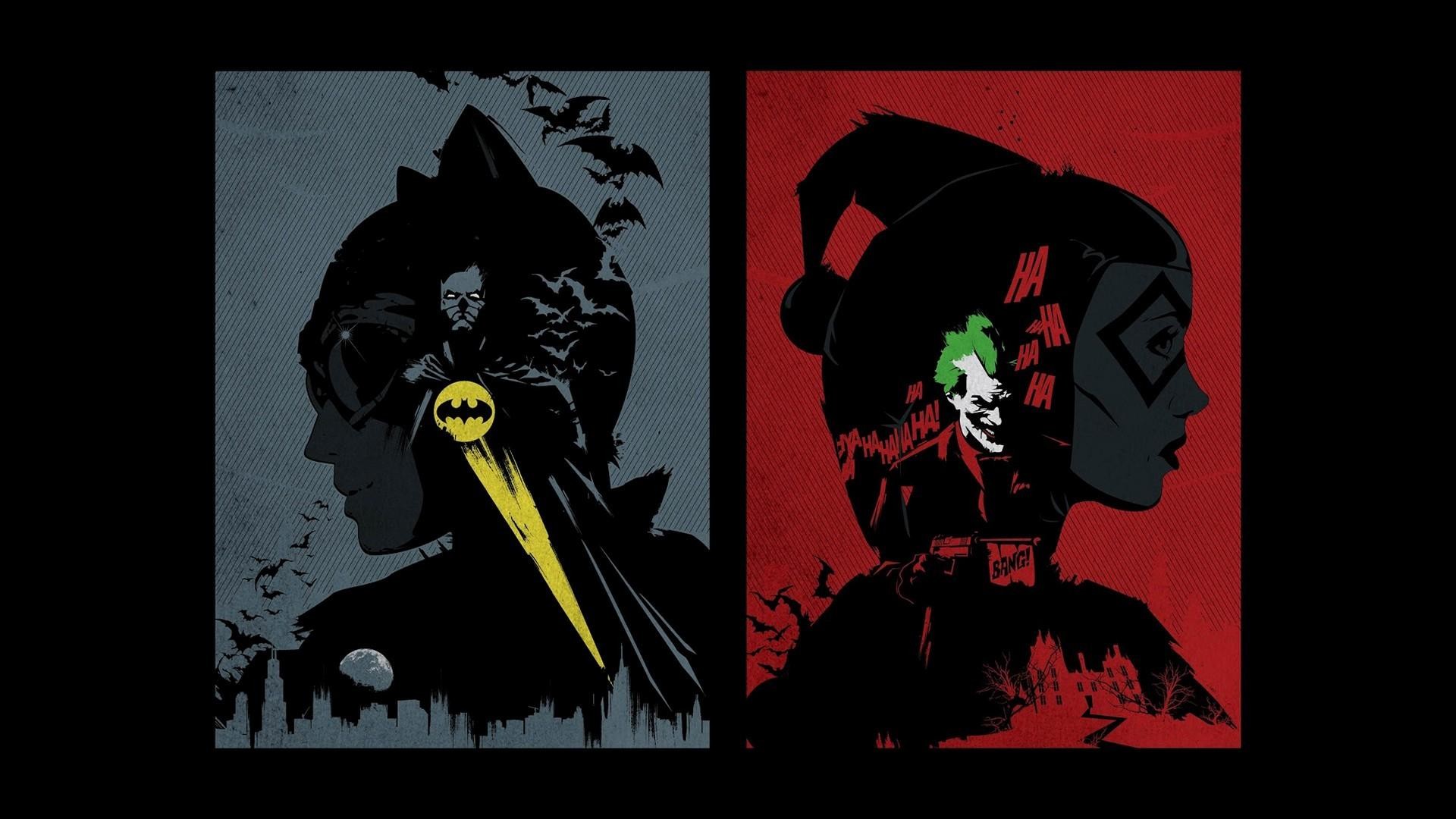 Harley Quinn, Batman, Joker, Silhouette, Dittico, 1920x1080, immagine di sfondo