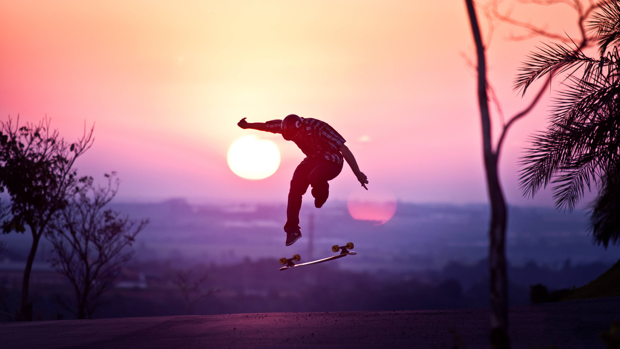 Skateboard, Salto, Tramonto, Palme, Rosa, 2560x1440, sfondo per PC