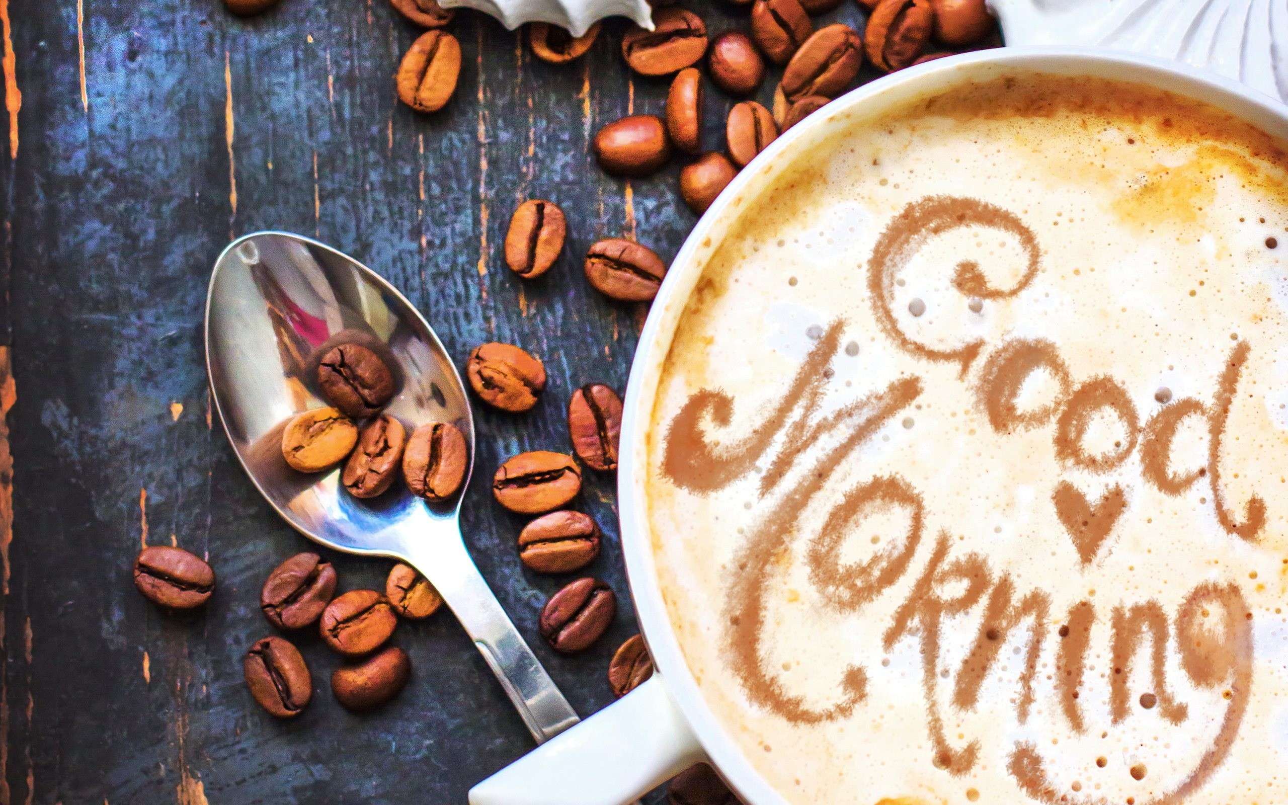 Good Morning, Cappuccino, Chicchi di caffè, Latte art, 2K, sfondo desktop