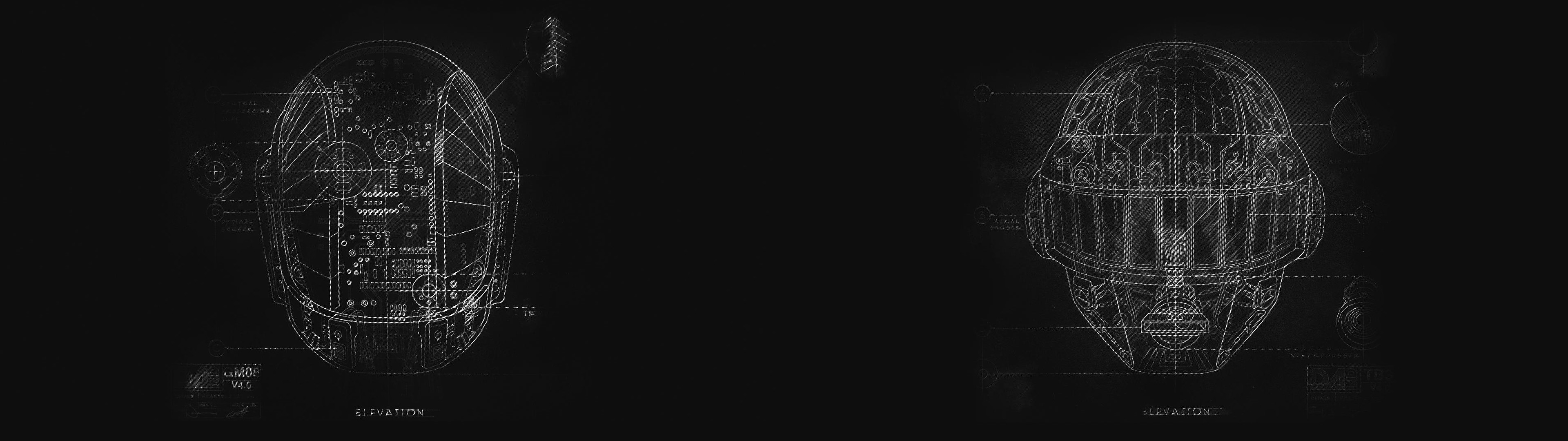 Daft Punk, Caschi, Wireframe, Sfondo scuro, 32:9 Full HD, wallpaper widescreen