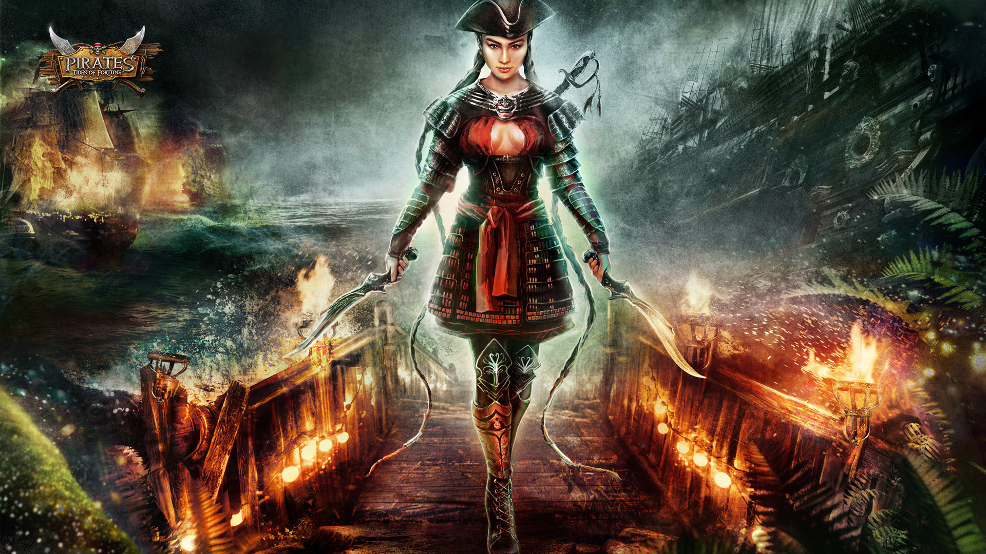 Piratessa, Sciabole, Fuoco, Ponte della nave, Full HD, sfondo per PC