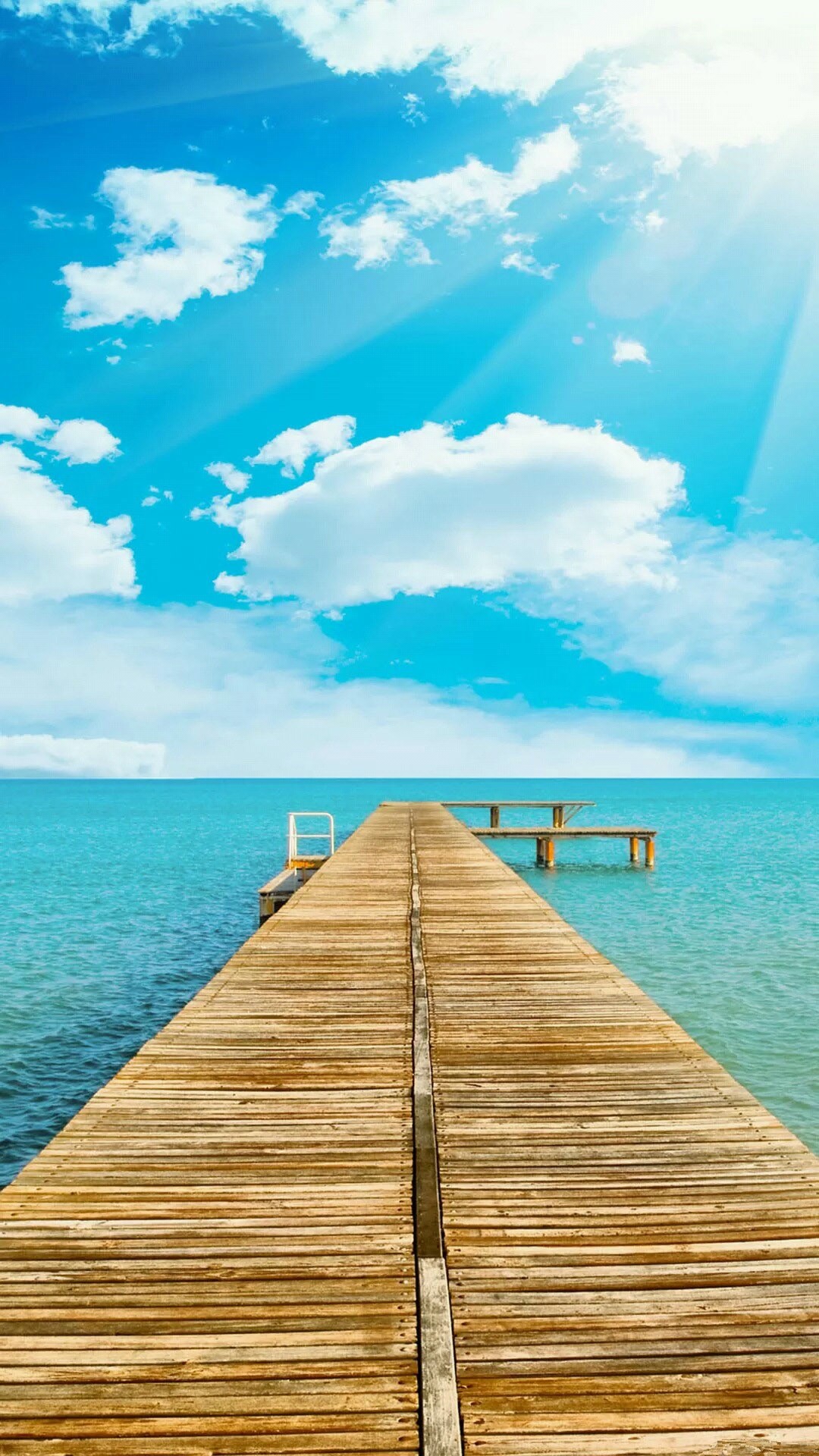 Pontile in legno, Mare turchese, Nuvole, Estate, sfondo per smartphone