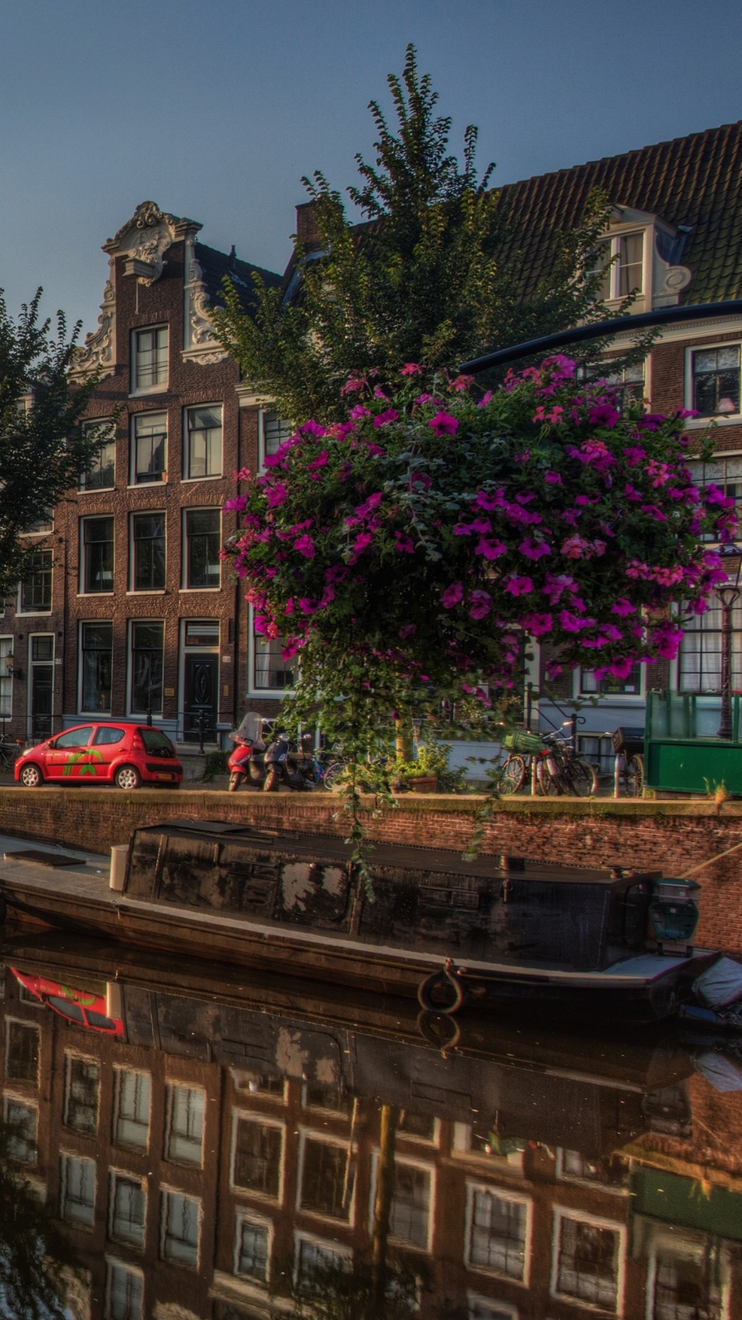Amsterdam, Canale, Fiori, Case sul canale, Full HD, sfondo per iPhone e Android