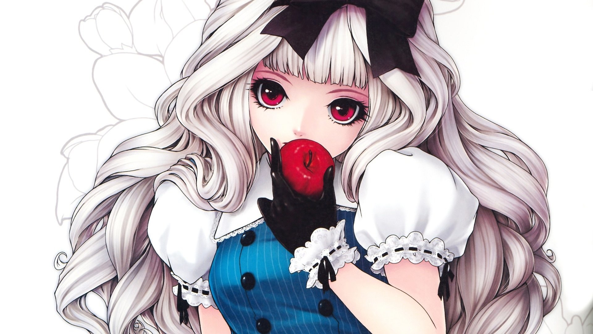 Ragazza anime, Mela rossa, Capelli bianchi, Full HD, wallpaper per PC