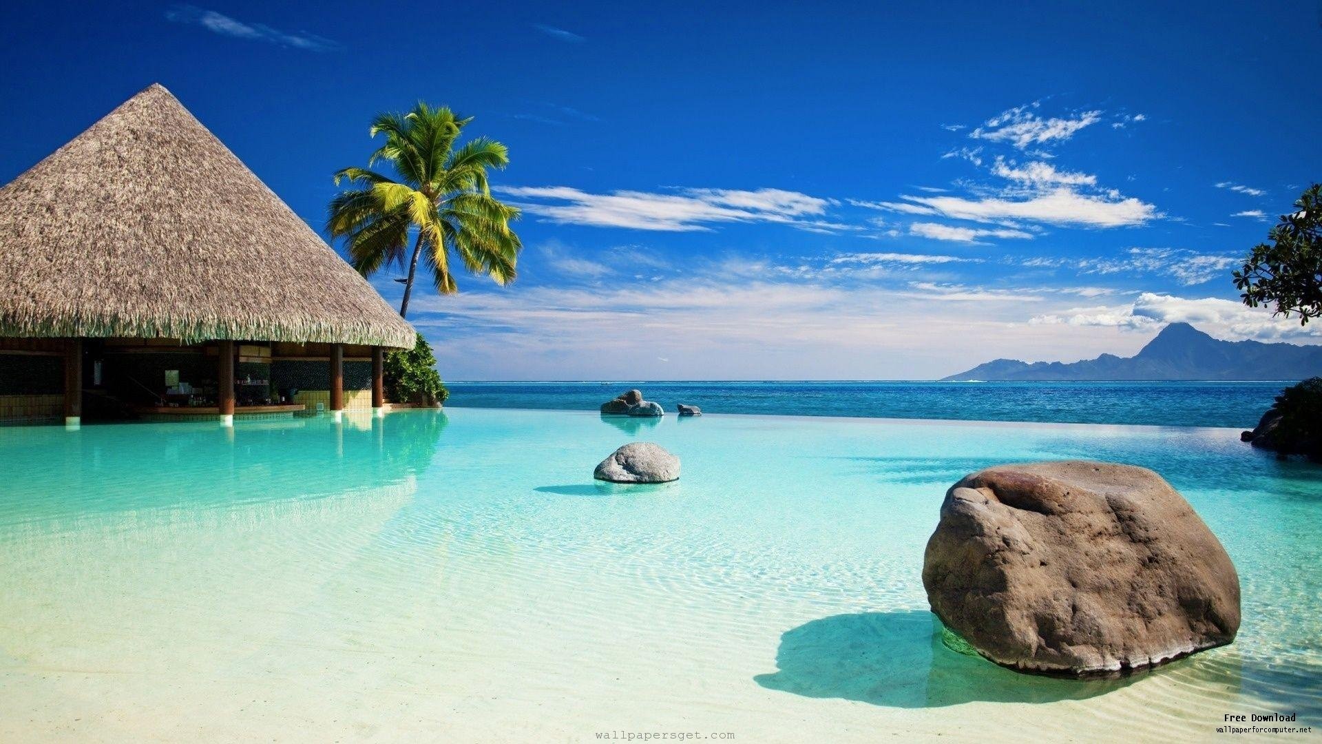 Bora Bora, Polinesia francese, Bungalow, Laguna, Palme, Full HD, wallpaper per computer