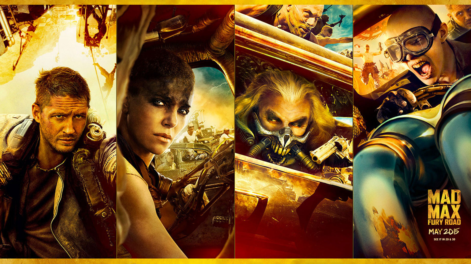 Mad Max: Fury Road, Tom Hardy, Charlize Theron, Immortan Joe, Nux, Collage, sfondo desktop Full HD