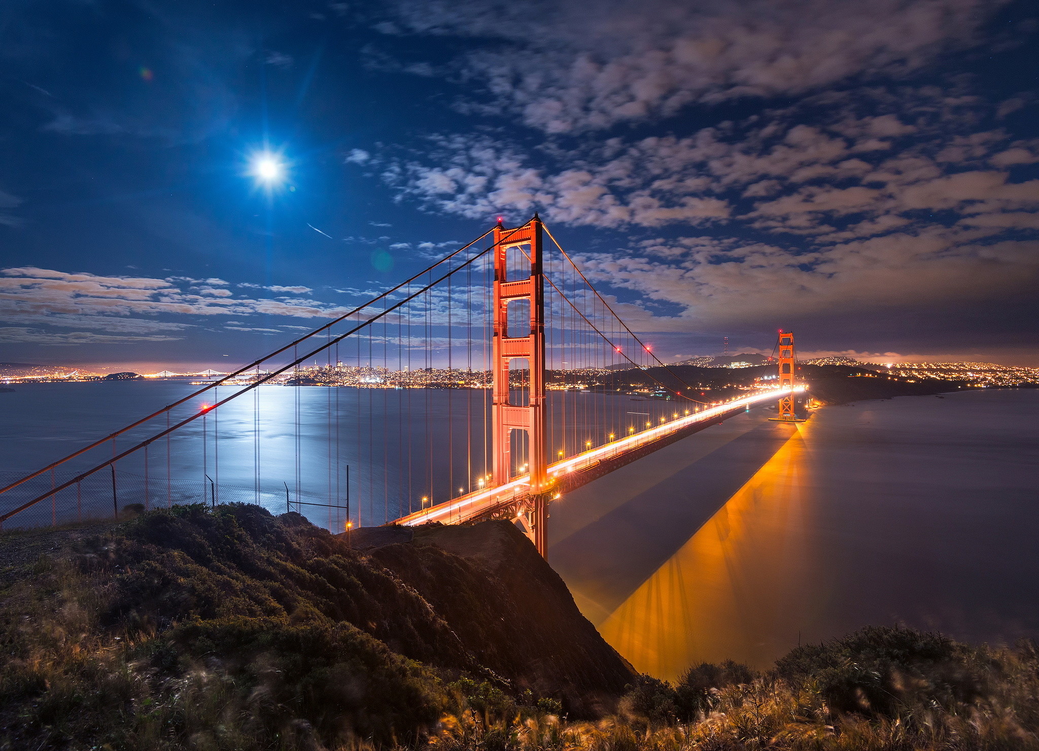 Golden Gate Bridge, San Francisco, Notte, Luna, Full HD, wallpaper desktop