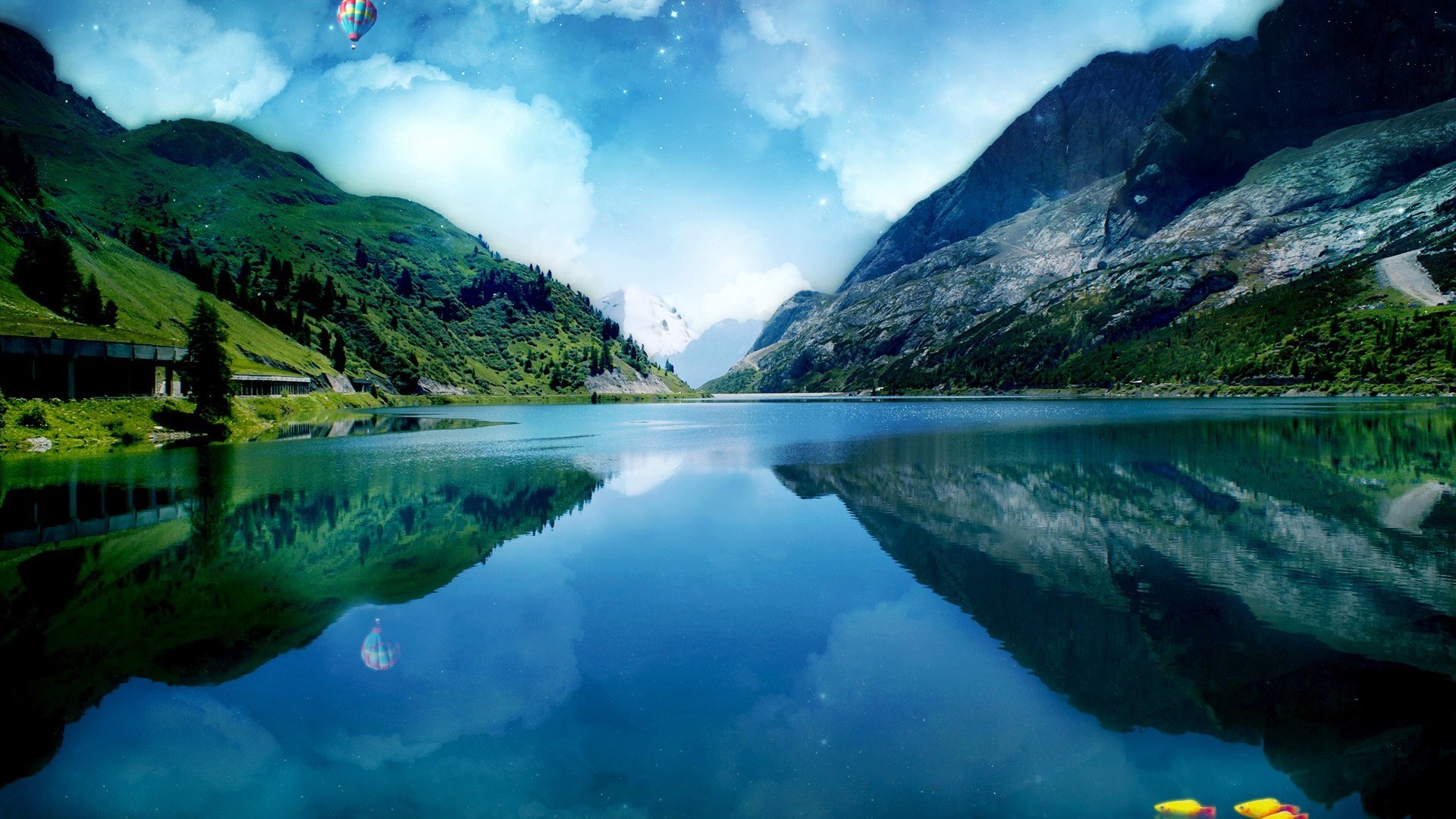 Lago di montagna, Valle, Riflesso, Nuvole, Full HD, wallpaper per PC