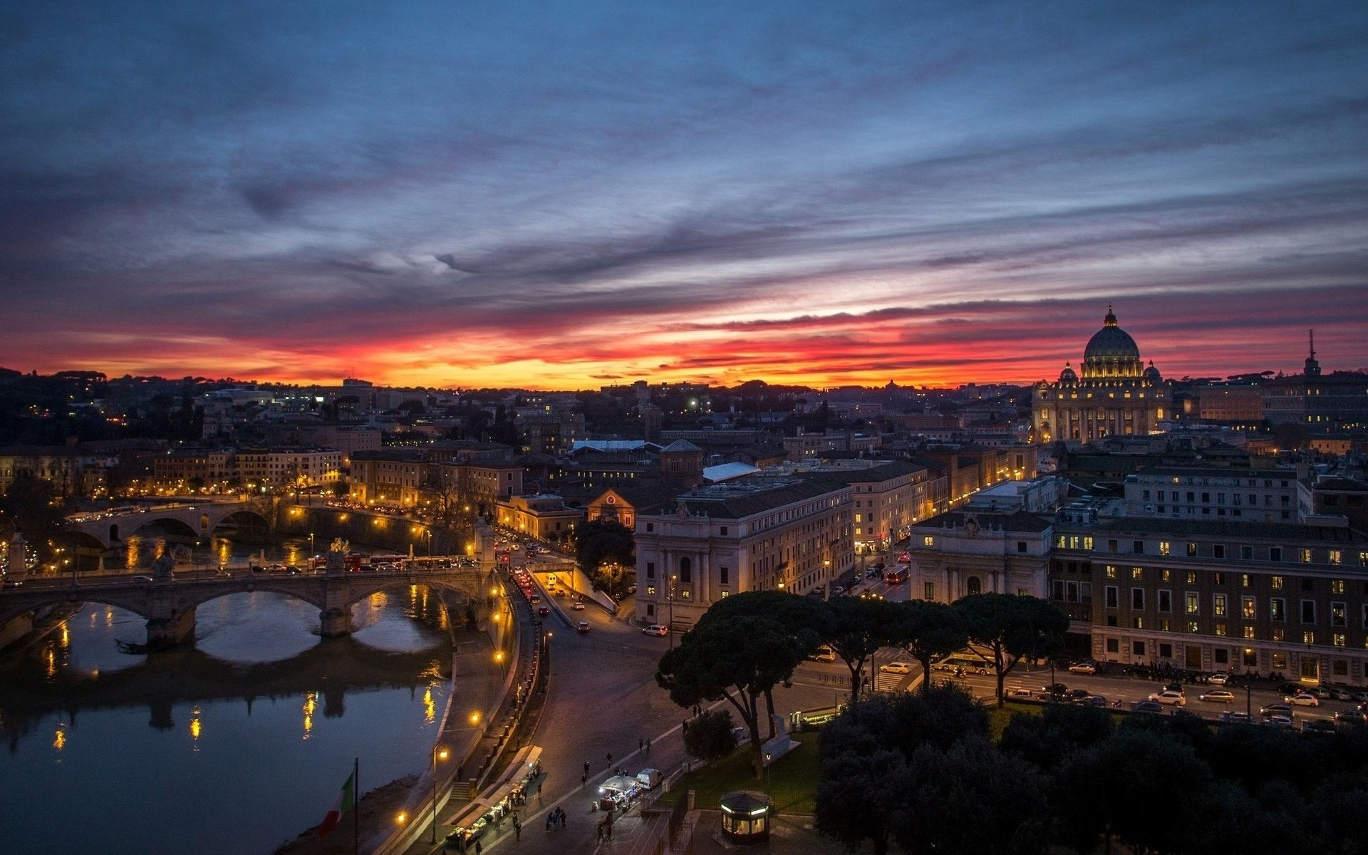 Tevere, Basilica di San Pietro, Roma, Crepuscolo, Full HD, sfondo per PC e portatile