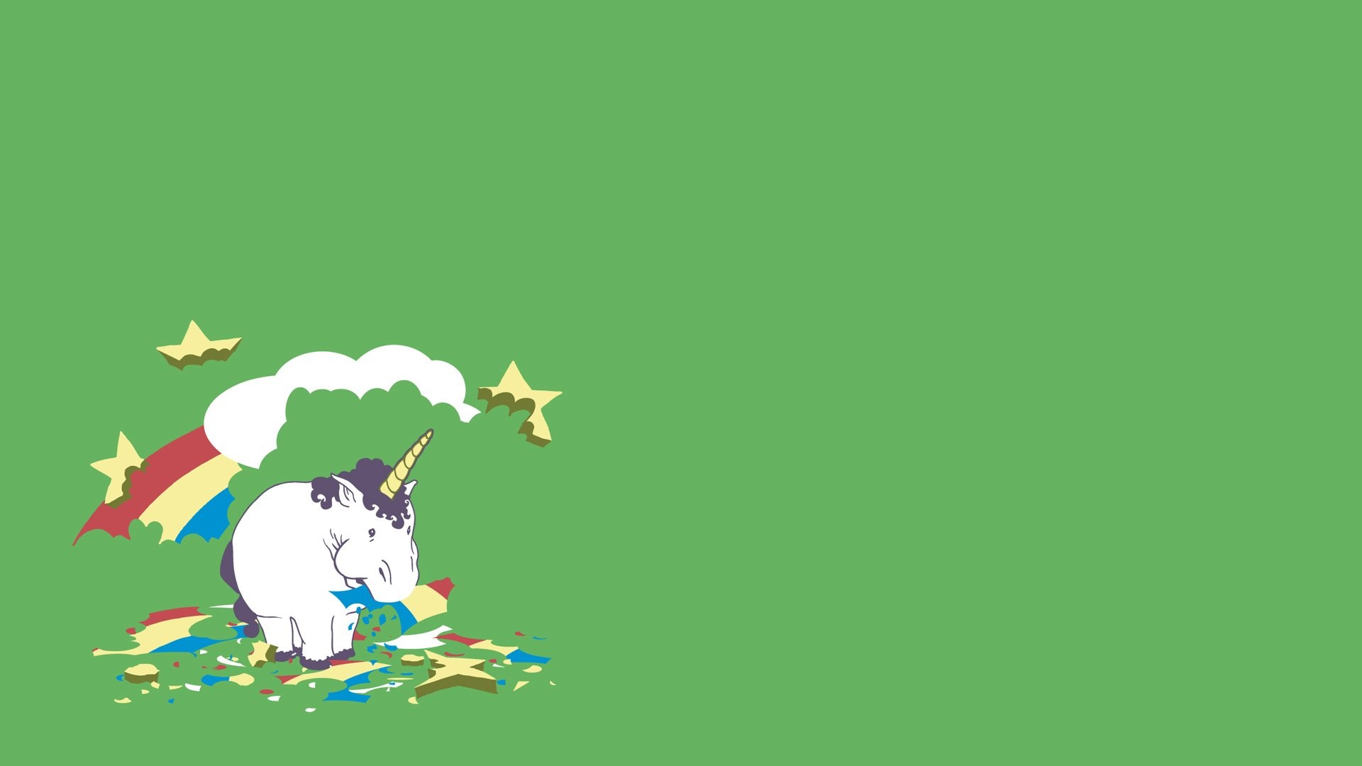 Unicorno, Arcobaleno, Cartone, Stelle, Sfondo verde, Full HD, wallpaper per computer
