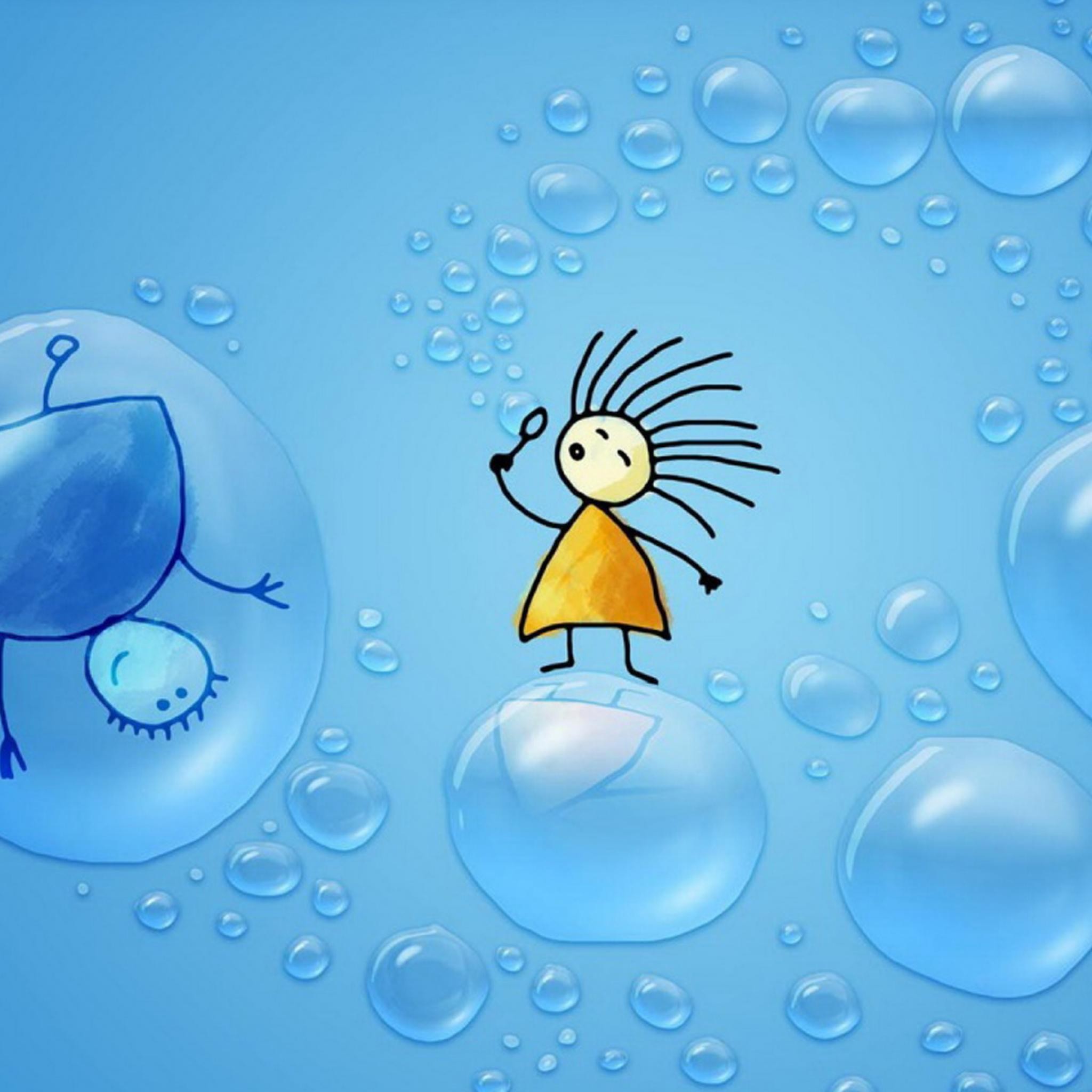 Bolle di sapone, Bambina disegnata, Illustrazione, Azzurro, sfondo per iPad e tablet