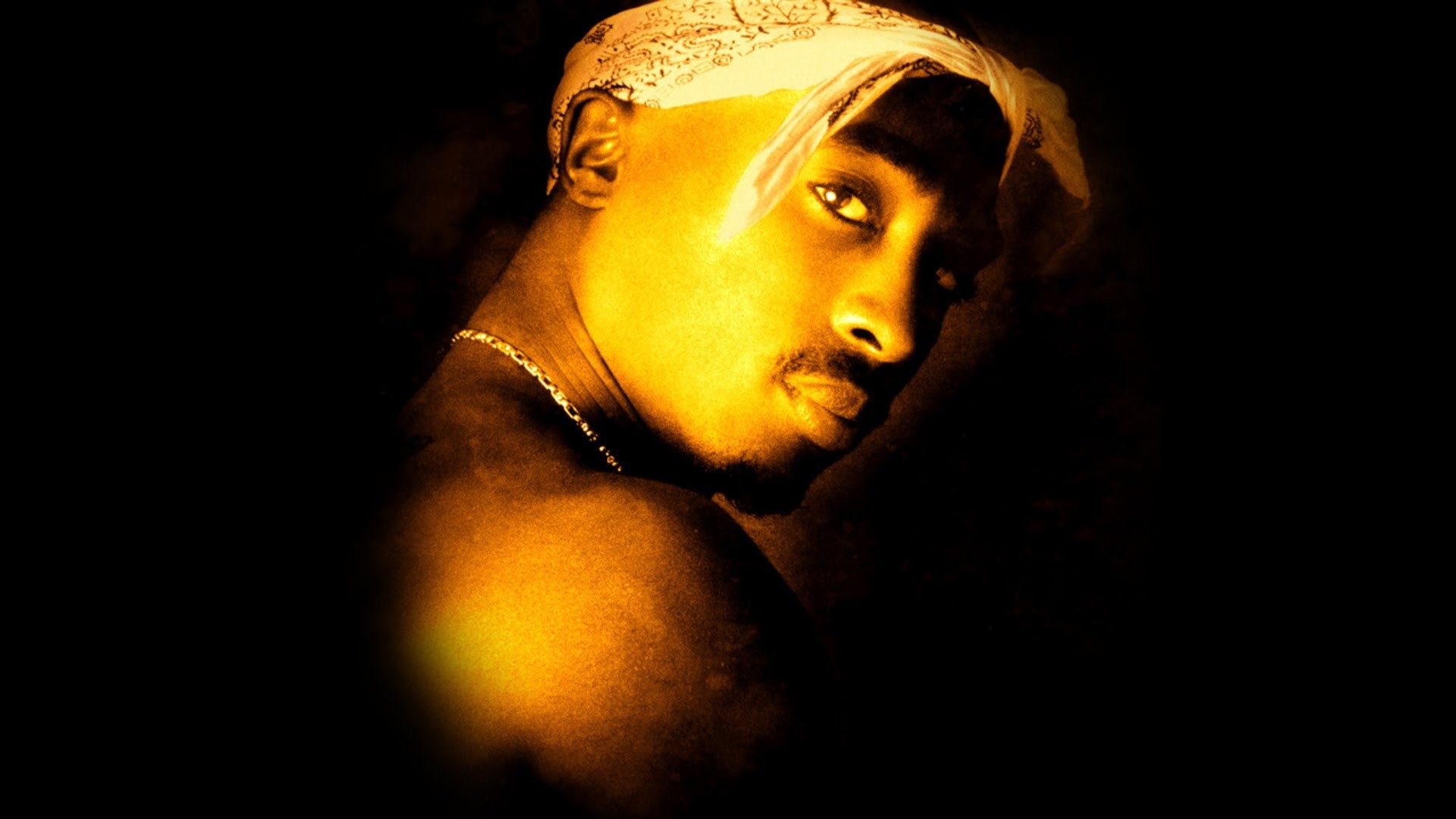 Tupac Shakur, Bandana, Luce dorata, Sfondo nero, Full HD, wallpaper per PC