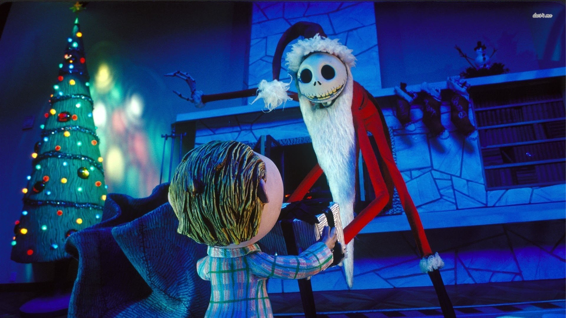 Jack Skellington, Sandy Claws, Nightmare Before Christmas, Albero di Natale, Camino, sfondo Full HD