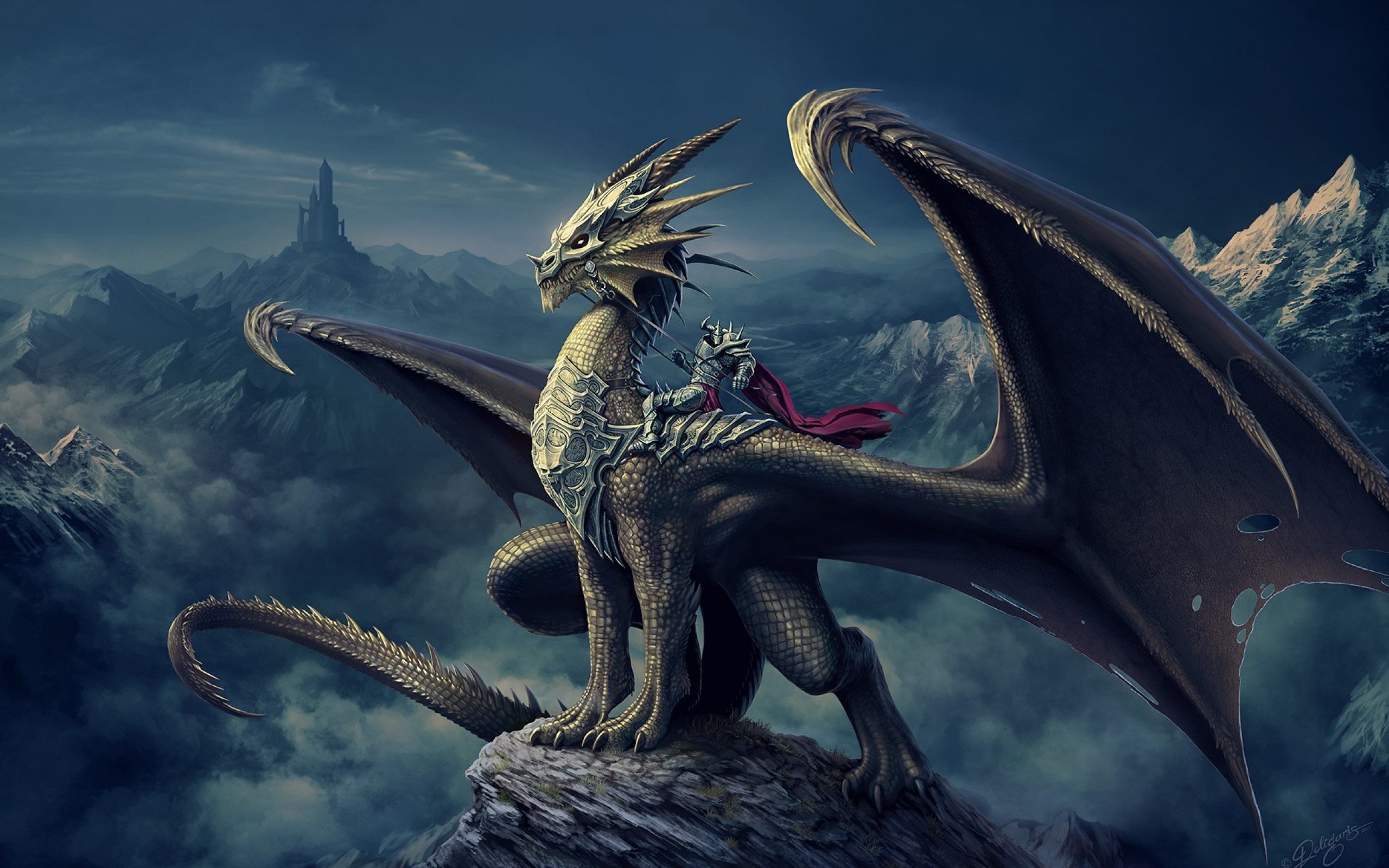 Drago, Cavaliere, Montagne, Fantasy, 16:10 2K, sfondo widescreen