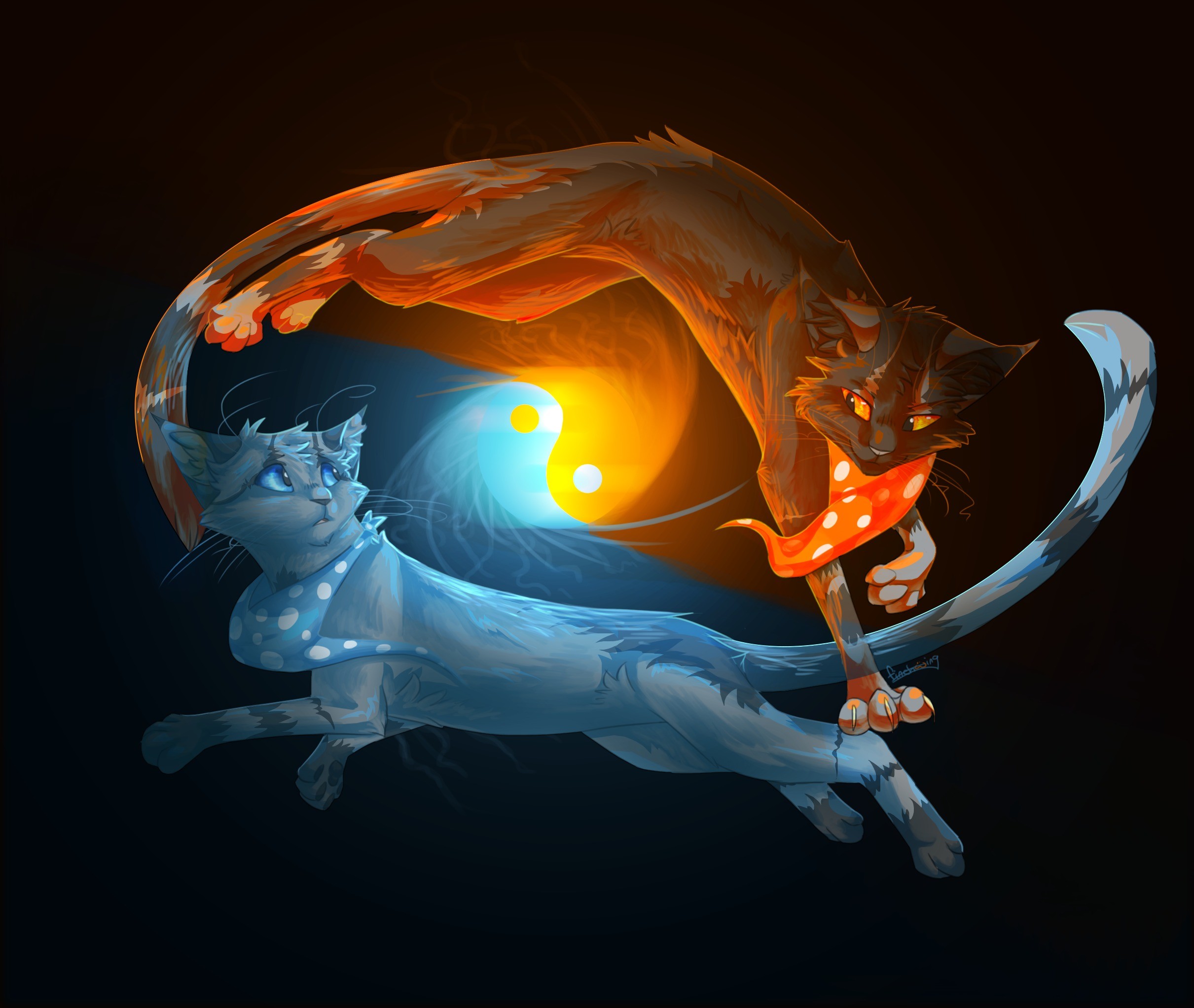 Yin e yang, Gatti, Fuoco e acqua, Illustrazione, Full HD, sfondo per portatile