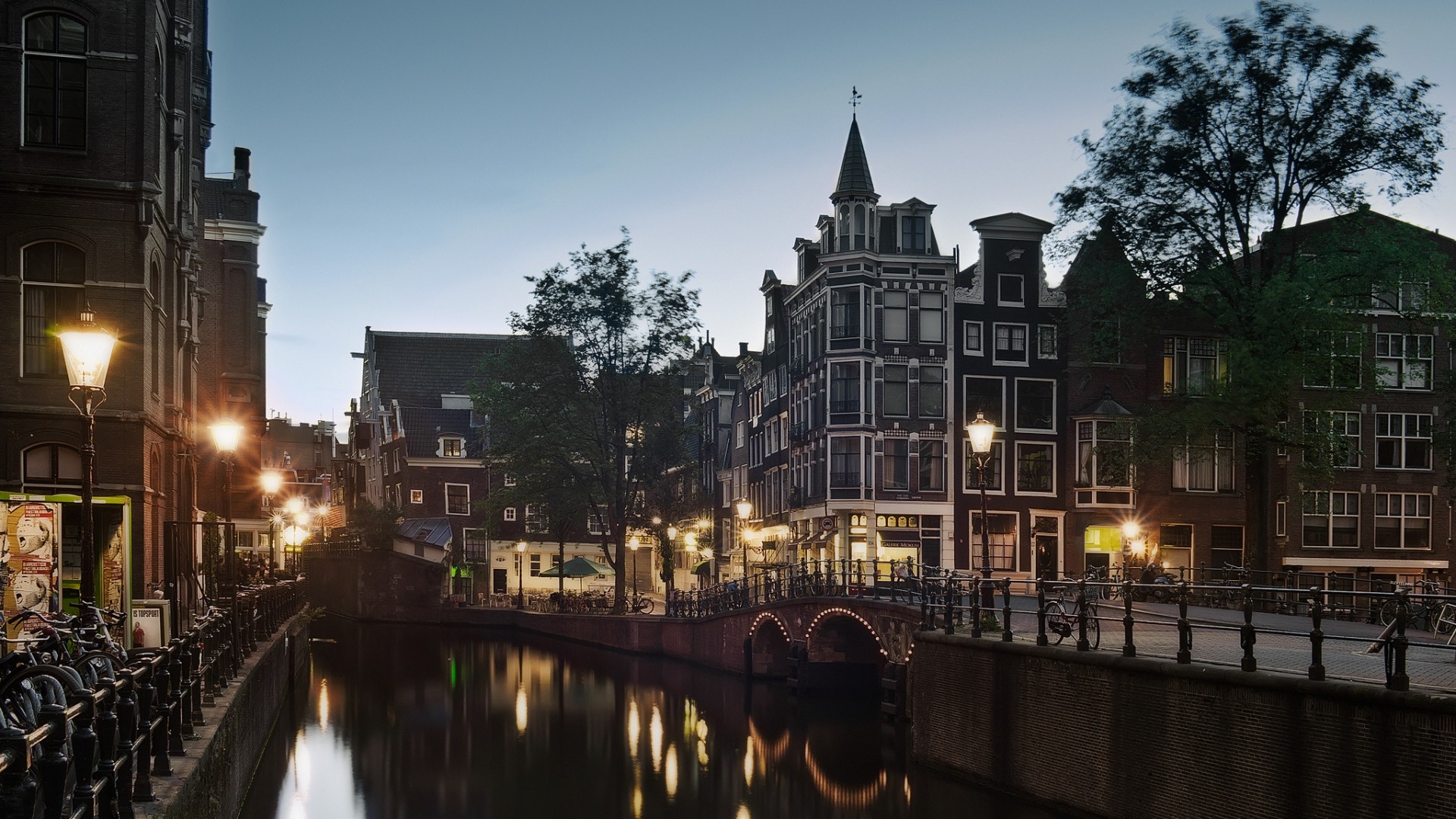 Amsterdam, Canale, Lampioni, Sera, Ponte, 1920x1080, wallpaper desktop