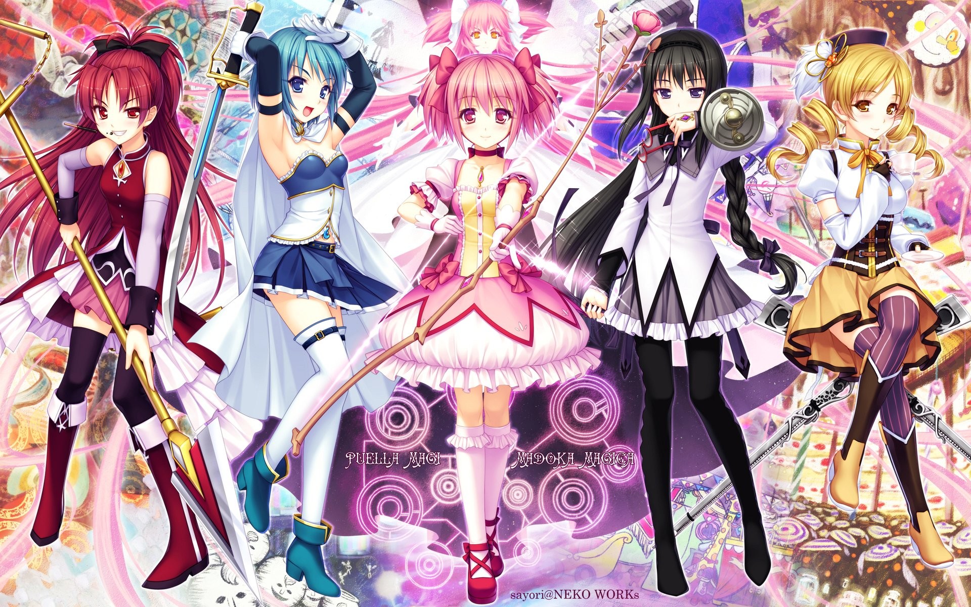 Puella Magi Madoka Magica, Madoka Kaname, Homura Akemi, Sayaka Miki, Kyoko Sakura, Mami Tomoe, Anime, sfondo desktop