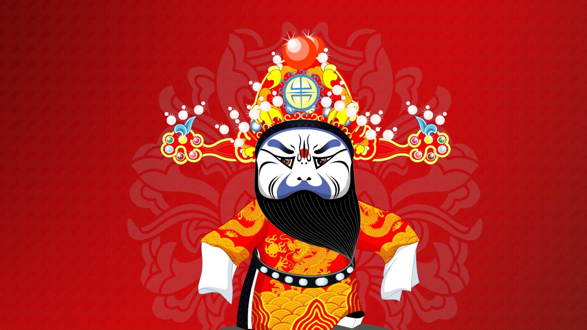 Opera di Pechino, Maschera cinese, Sfondo rosso, Illustrazione, Full HD, wallpaper per computer