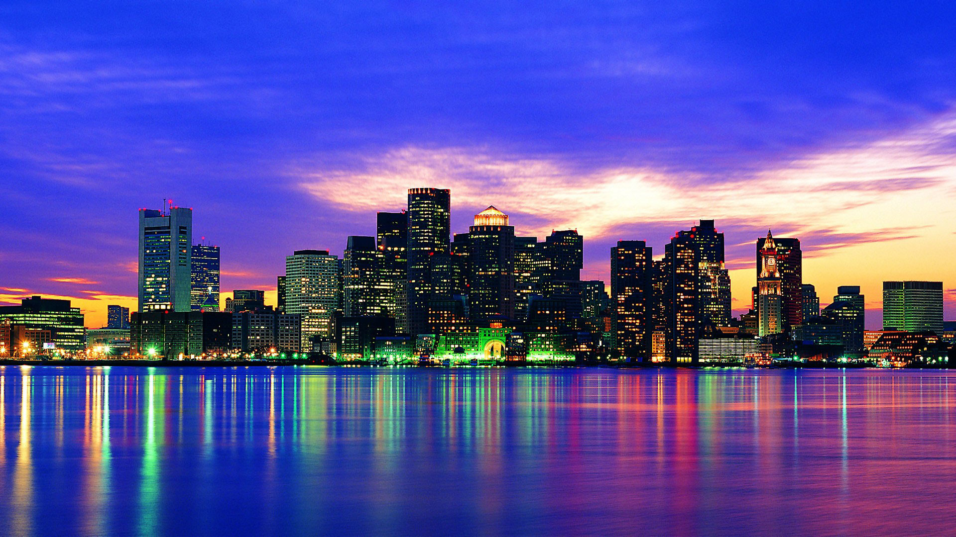 Lower Manhattan, Skyline, Cielo viola, Riflessi, 1920x1080, sfondo per PC