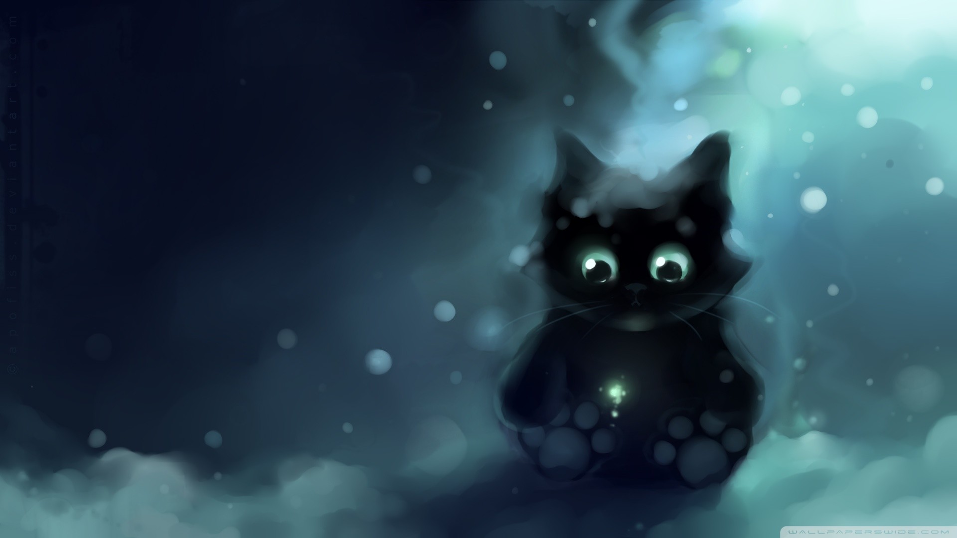 Gattino nero, Luce magica, Arte digitale, Carino, Toni blu, 1920x1080, immagine di sfondo