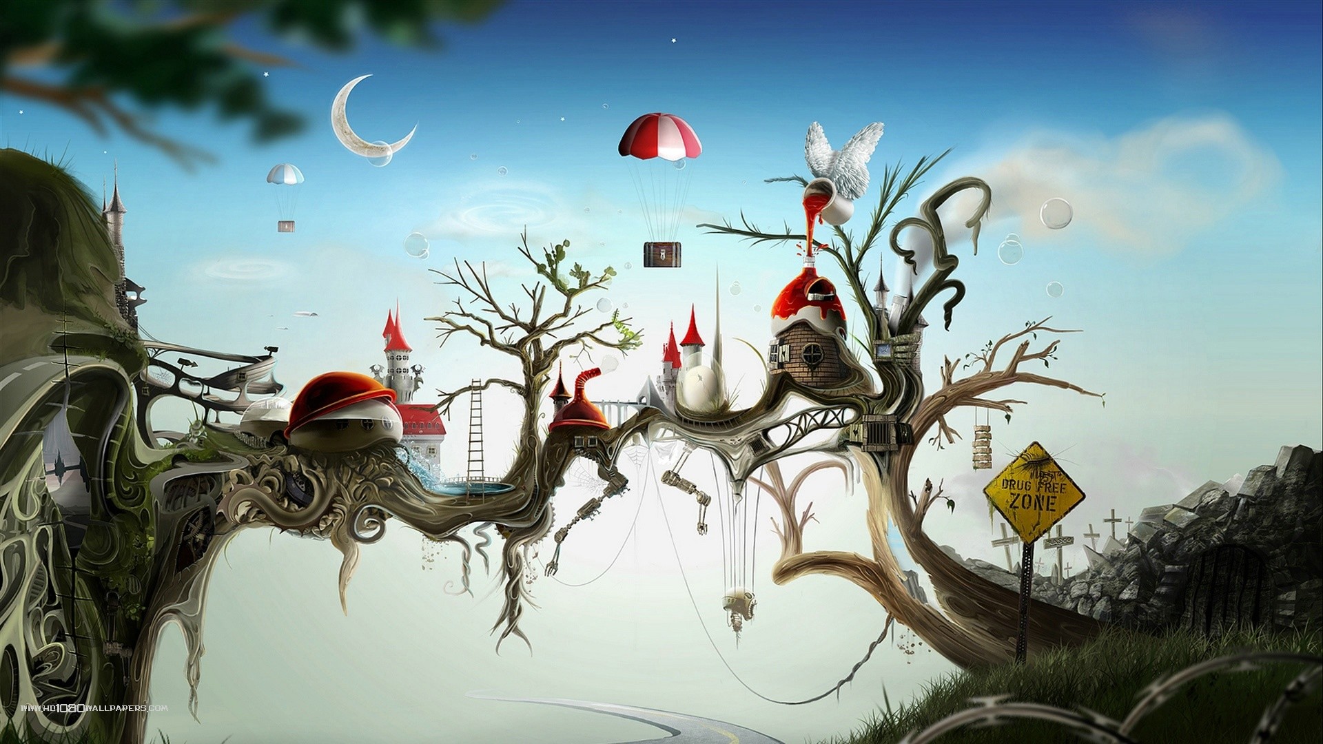 Surrealismo, Albero fantastico, Casette, Paracadute, Arte digitale, sfondo desktop 1920x1080