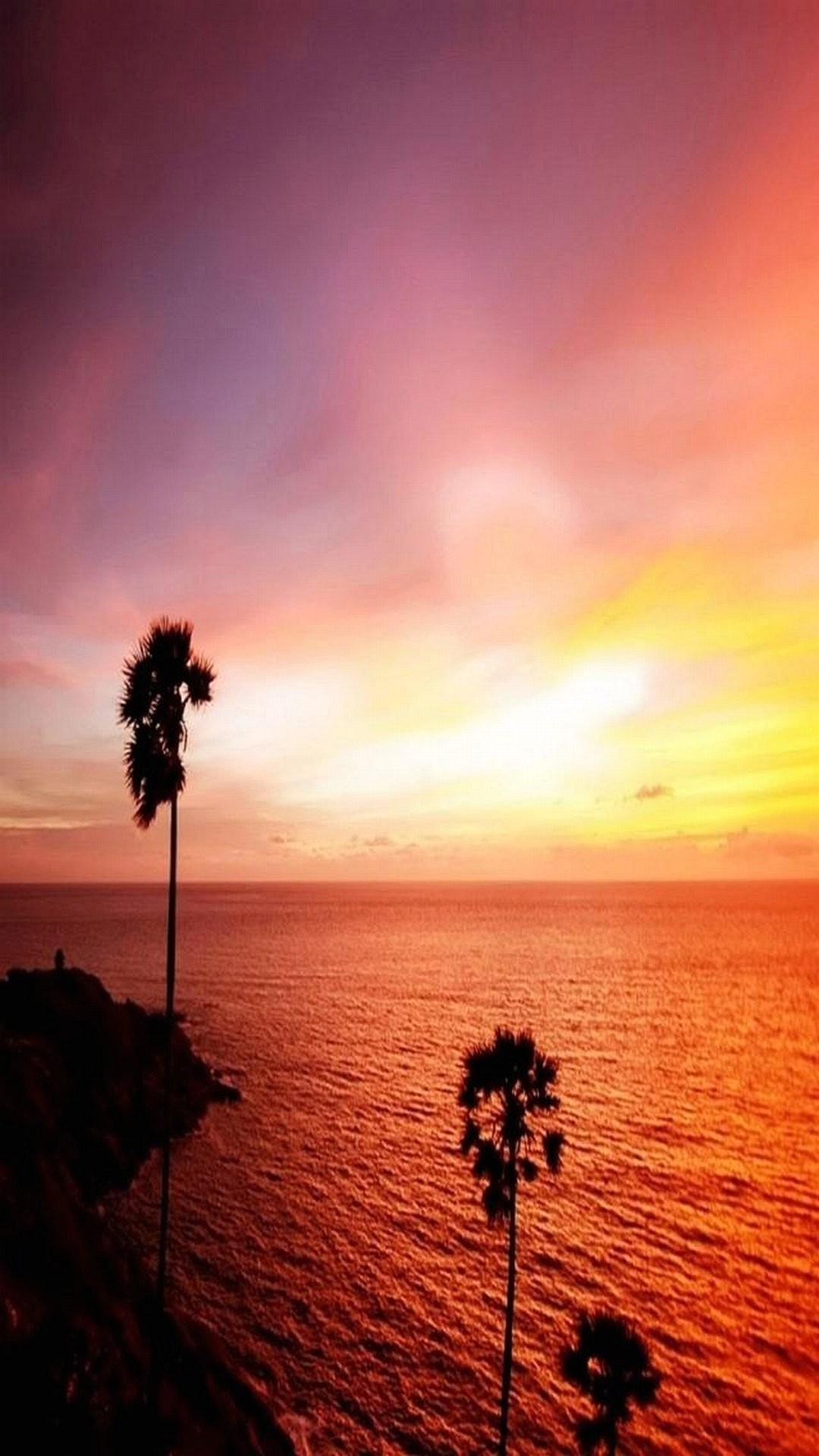 Tramonto, Palme, Mare, Cielo rosa, Full HD, schermata di blocco del cellulare