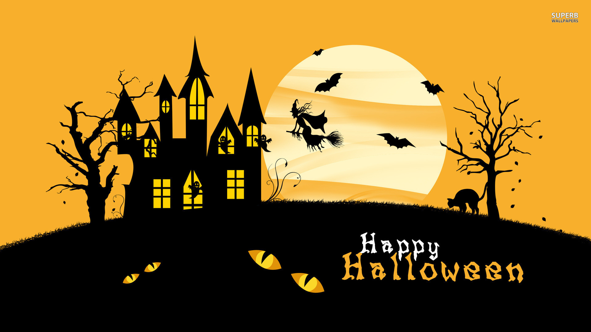 Castello stregato, Strega su scopa, Happy Halloween, Luna, Silhouette, sfondo 16:9 Full HD