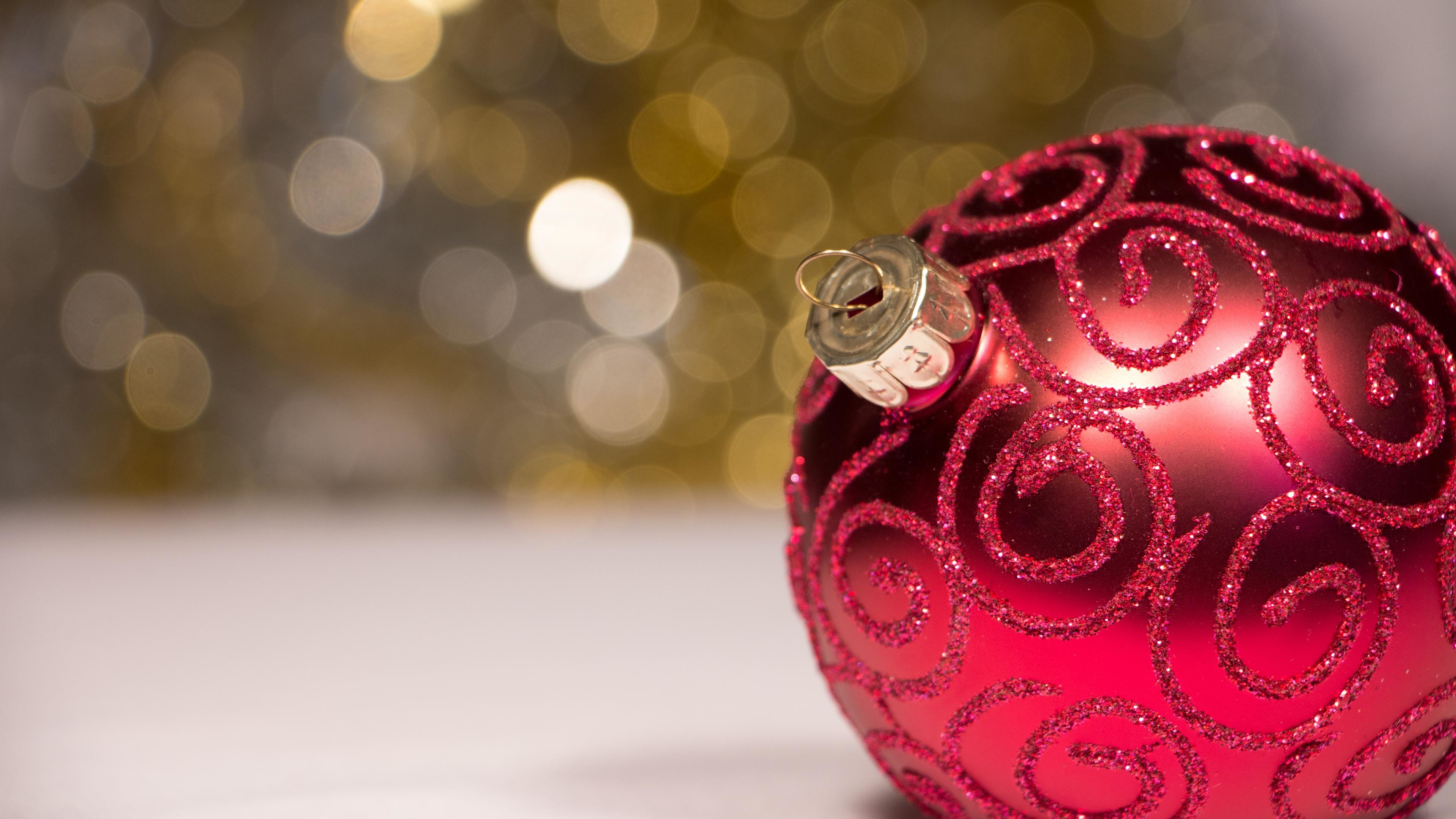 Pallina rossa, Glitter, Bokeh, Decorazione, 16:9 4K, sfondo widescreen