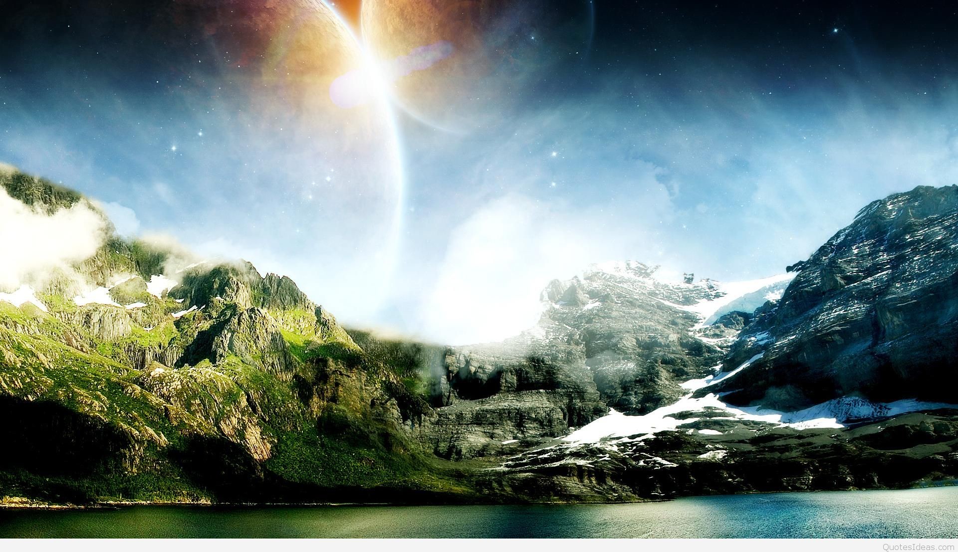 Pianeta, Montagne innevate, Lago, Cielo, Fantascienza, Paesaggio, sfondo desktop Full HD