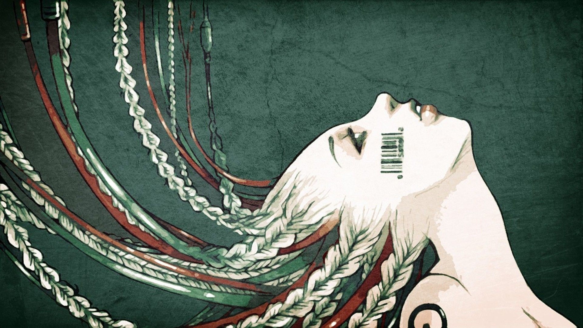 Ragazza cyborg, Codice a barre, Cavi, Illustrazione, 1920x1080, wallpaper desktop