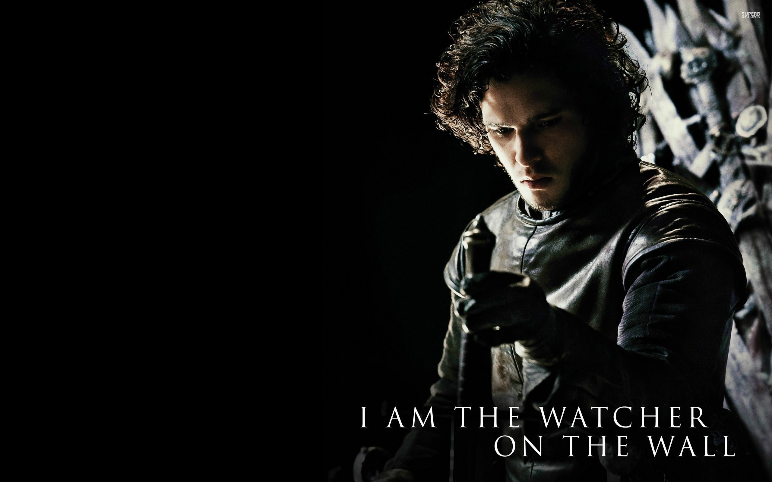 Jon Snow, Kit Harington, Il Trono di Spade, I Am the Watcher on the Wall, Sfondo nero, wallpaper 2K