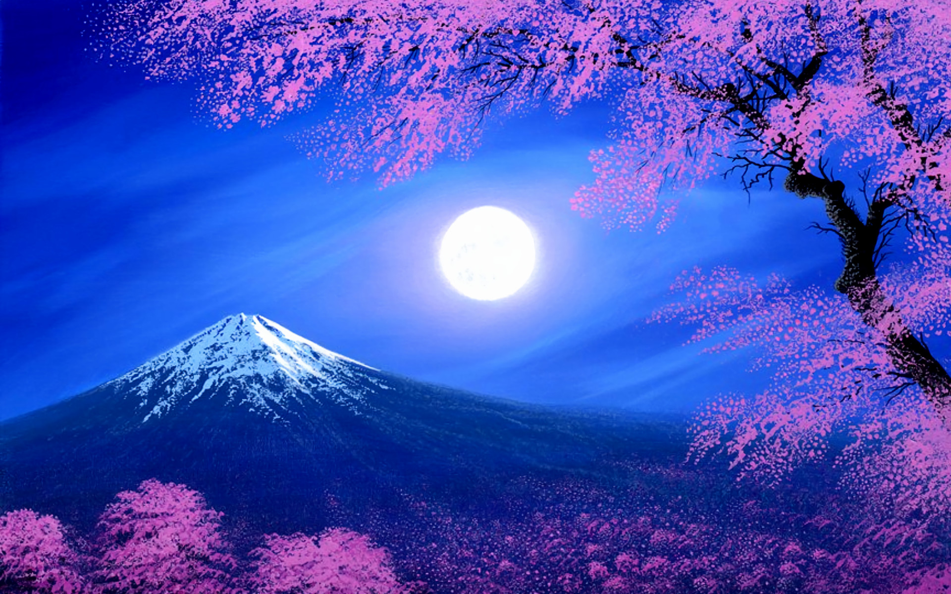 Monte Fuji, Luna piena, Ciliegi in fiore, Notte, 1920x1200, sfondo per PC