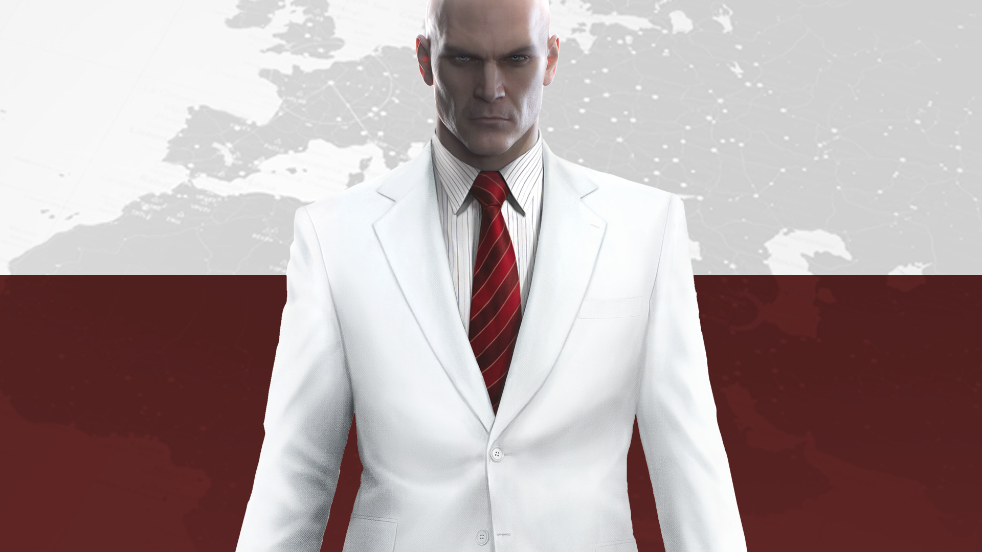 Hitman, Agente 47, Completo bianco, Mappa del mondo, Full HD, sfondo Windows 11
