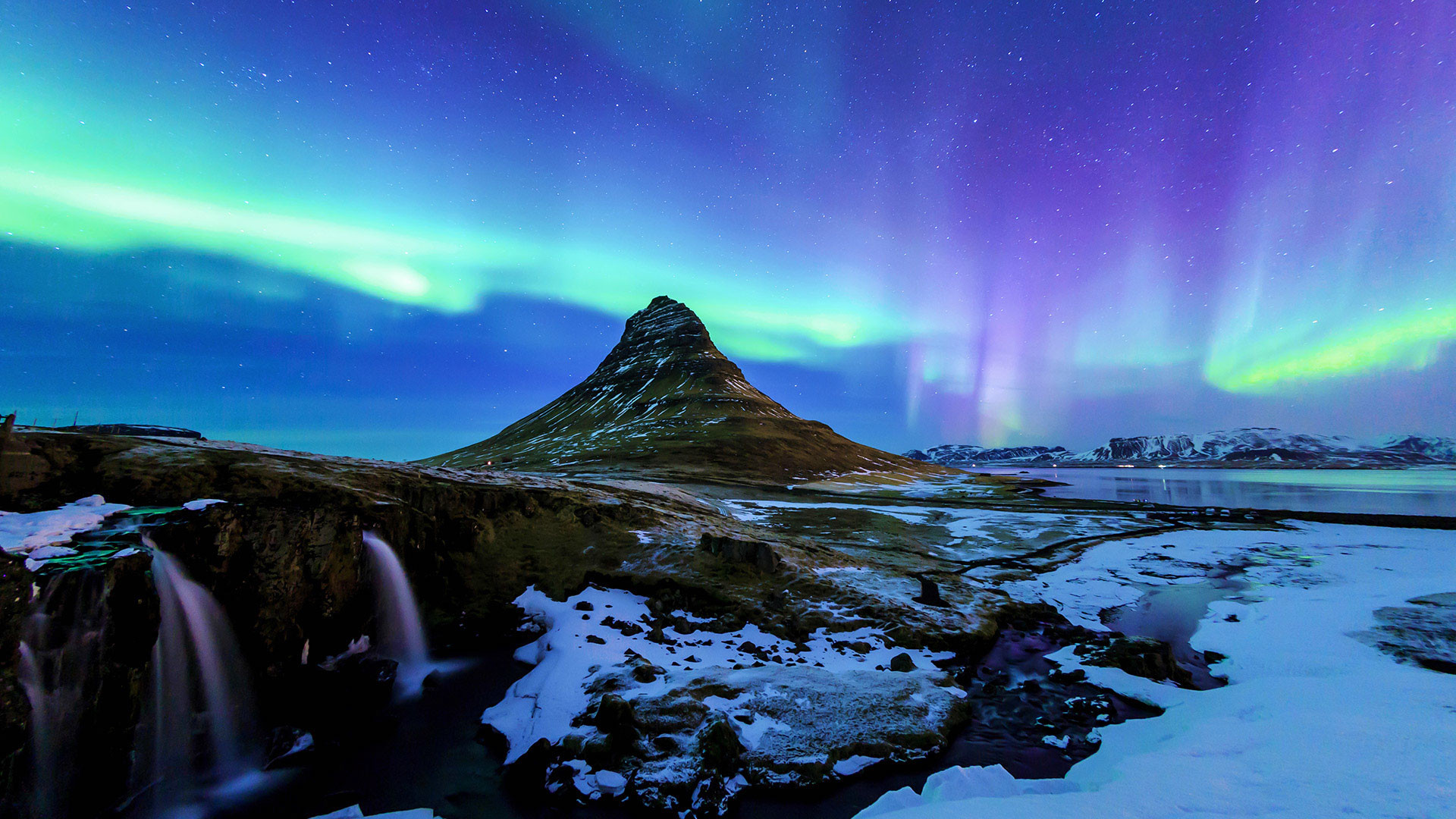 Kirkjufell, Aurora boreale, Islanda, Cascata, Inverno, Full HD, sfondo per PC e portatile