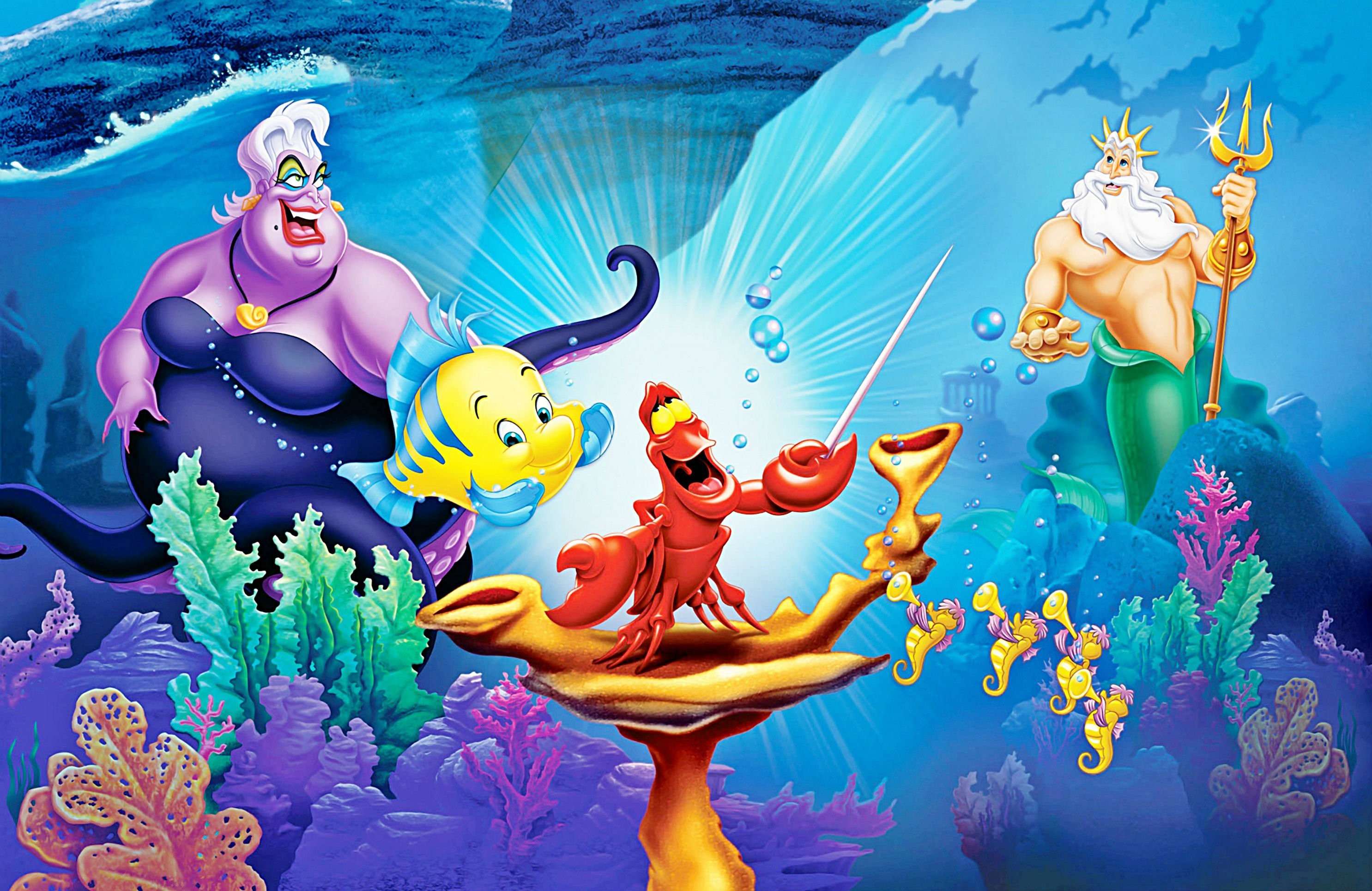 La Sirenetta, Ursula, Sebastian, Re Tritone, Flounder, 2K, sfondo Windows 11