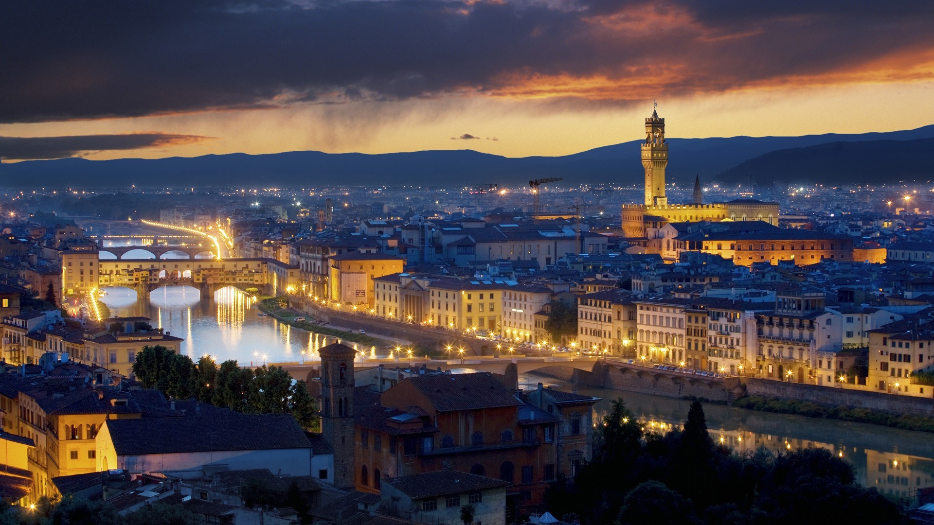 Firenze, Ponte Vecchio, Palazzo Vecchio, Arno, Notte, 1920x1080, wallpaper desktop