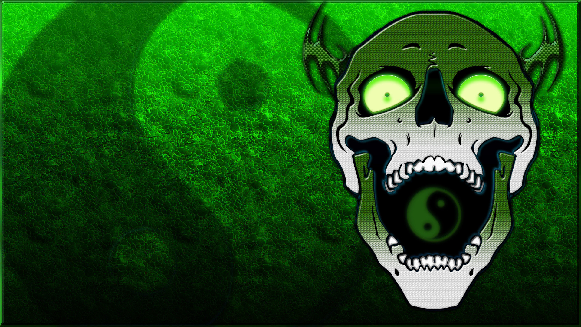 Yin e yang, Teschio, Sfondo verde, Illustrazione, 16:9 Full HD, wallpaper widescreen