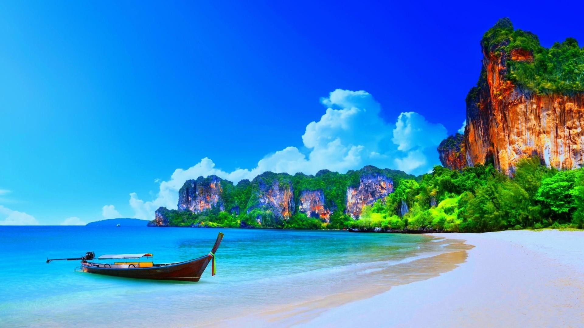 Railay Beach, Krabi, Thailandia, Barca long-tail, Spiaggia, 1920x1080, sfondo per PC