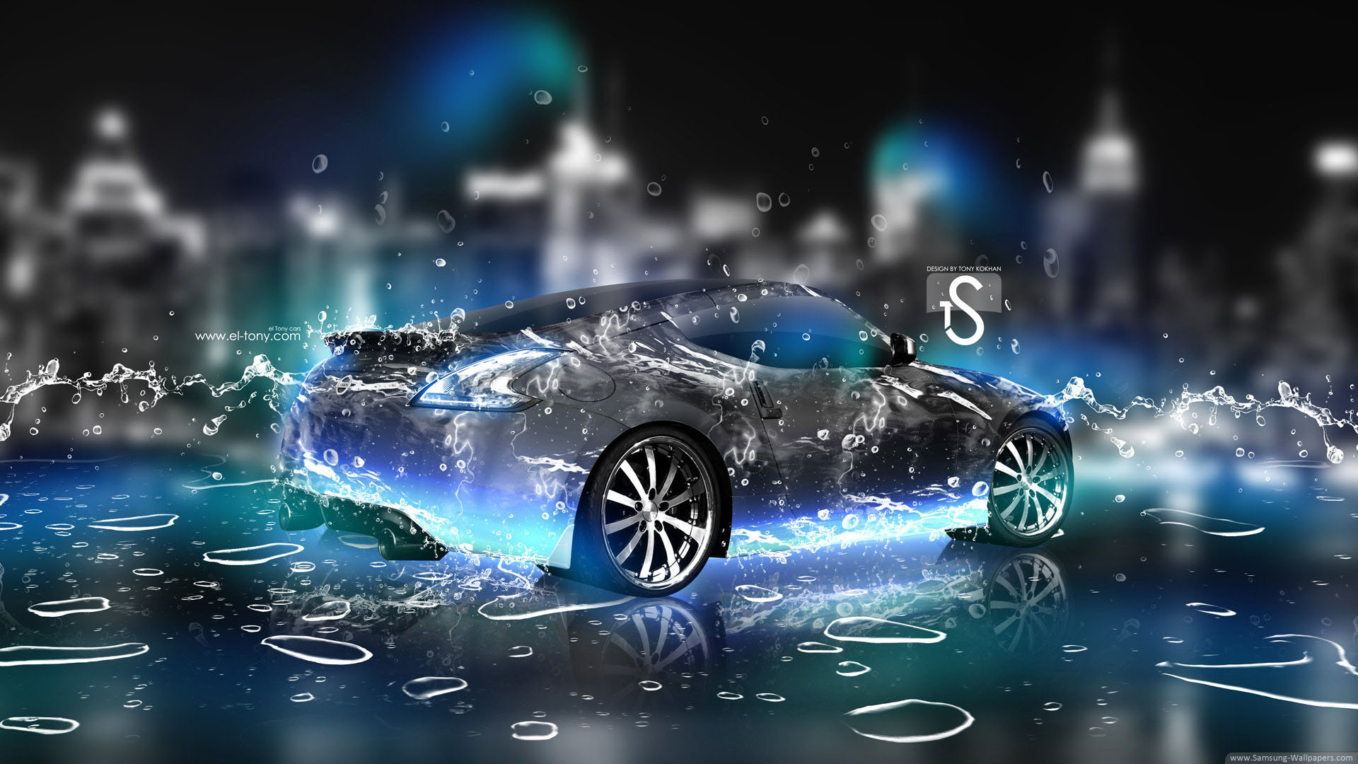 Auto sportiva, Acqua, Città, Arte digitale, Blu, Full HD, sfondo per portatile