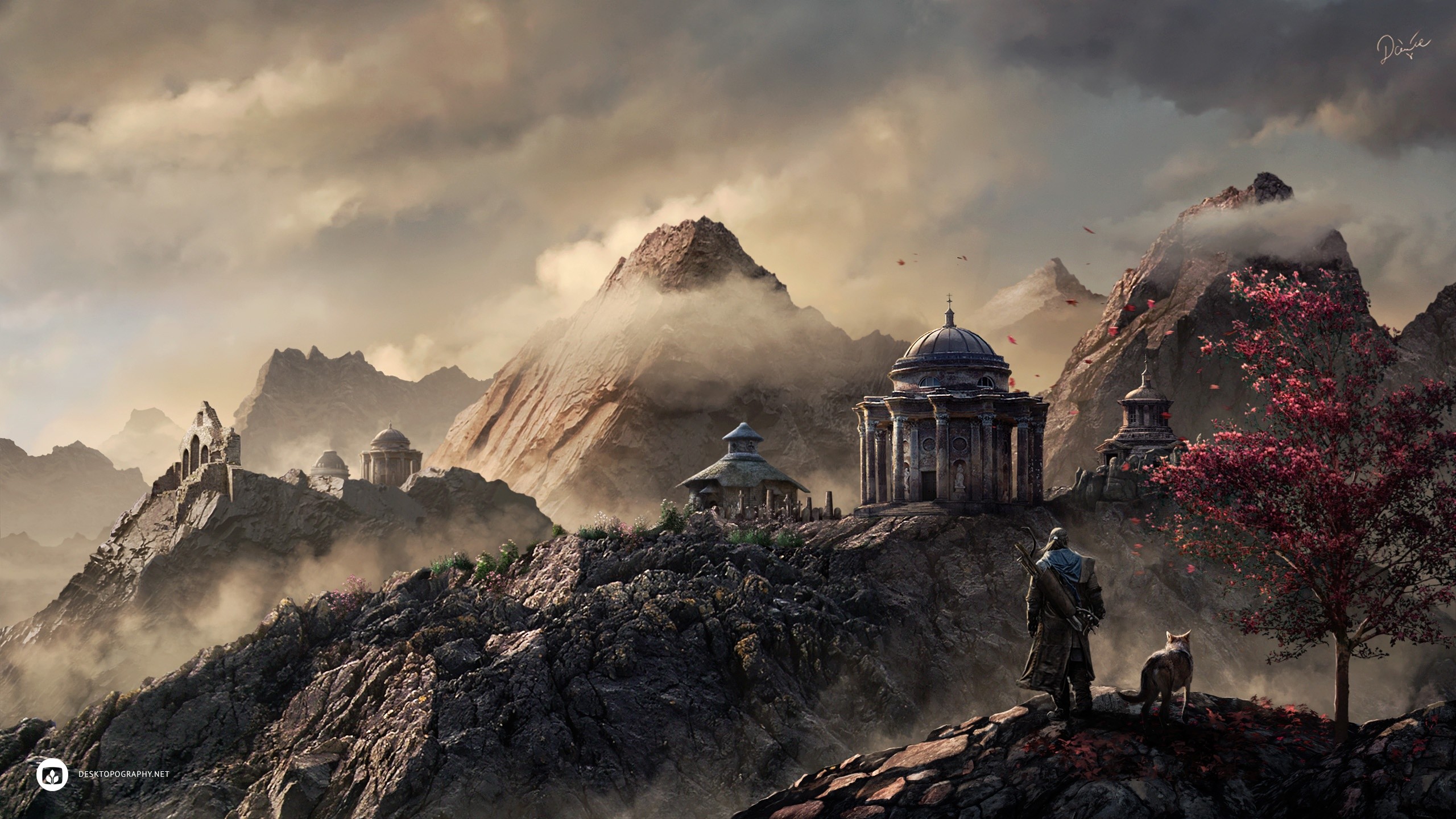 Paesaggio fantasy, Montagne, Templi, Viandante, Nebbia, Arte digitale, sfondo desktop 2560x1440