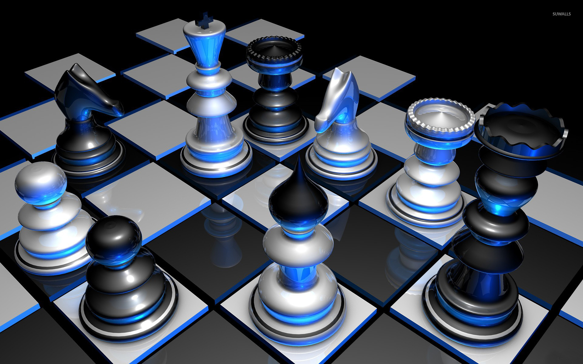 Scacchiera, Pezzi metallici, Luci blu, Rendering 3D, Full HD, sfondo desktop