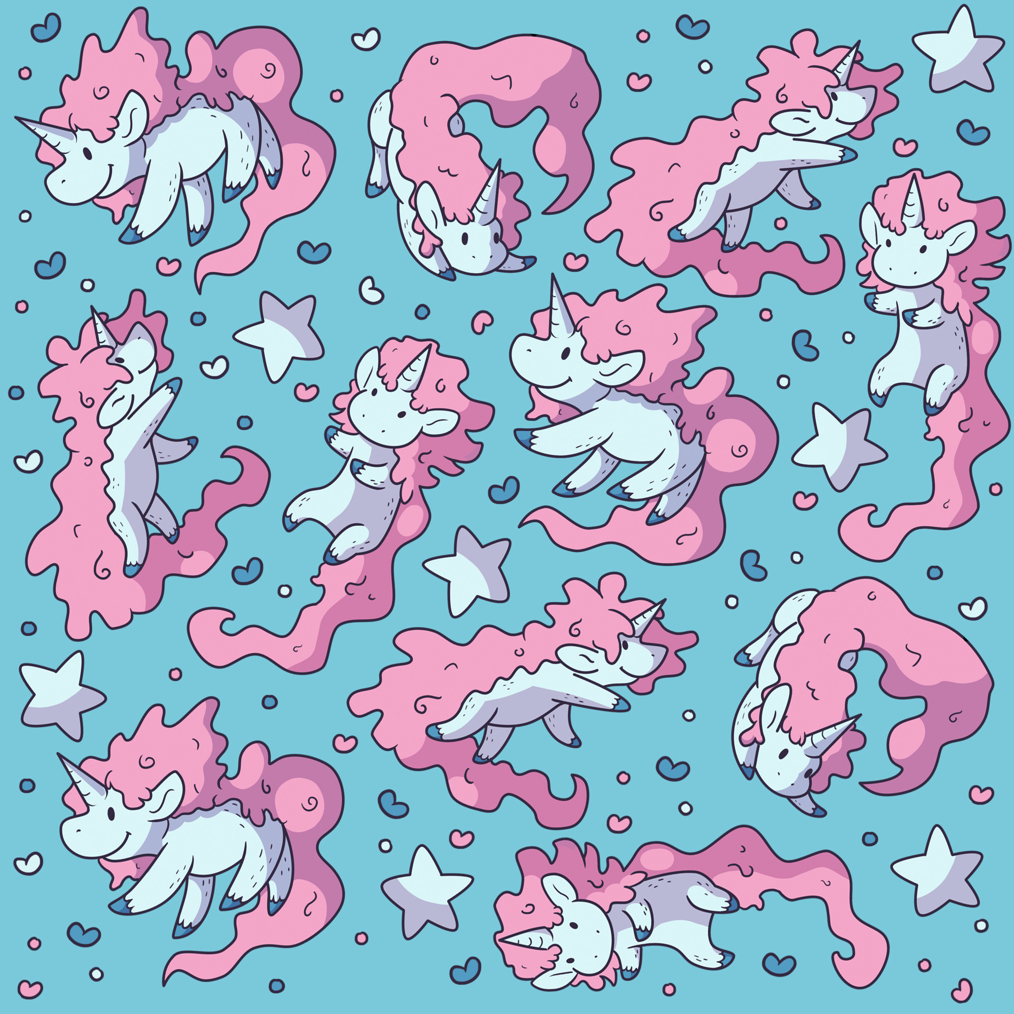 Unicorno, Motivo ripetuto, Stelle, Cartone, Sfondo azzurro, Full HD, schermata di blocco iPad