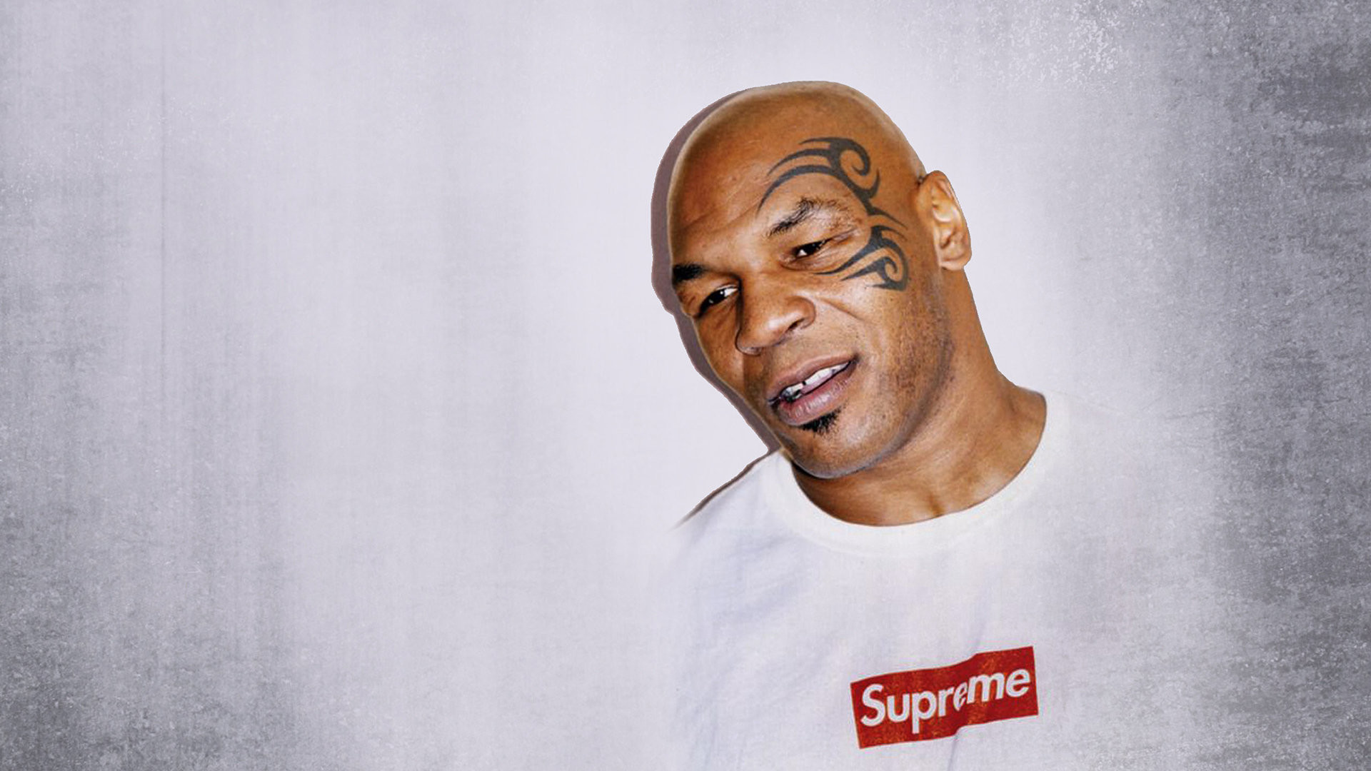 Mike Tyson, Supreme, Tatuaggio sul viso, Maglietta bianca, Sfondo grigio, wallpaper Windows 11